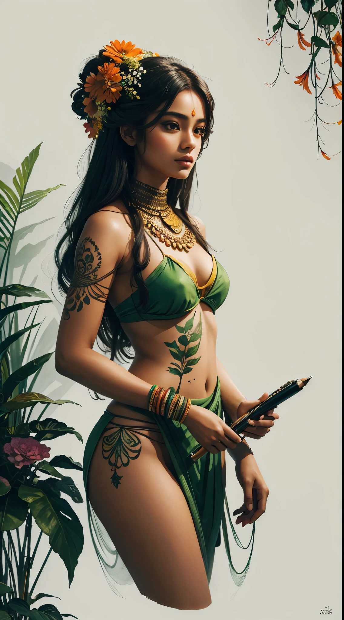 beautiful 1girl, Balinese goddess clothes, exotics, perfect body, busty, curvy, thick, voluptuous, full body shot, 2 braided braids, big breast, standing in a Bali room with Marijuana plants, big multicolored, Balinese Art Culture, (anime eyes:1.1), (soothing tones:1.25), (hdr:1.35), (artstation:1.5), (intricate details:1.14), (rutkowski:1.1), (faded:1.3), (muted colors:1.1), (illustration:1.3), (marijuana goddess:1.2), (ganja princess:1.1), (marijuana leaf crown:1.2), smoking marijuana, smoke in Bali room
