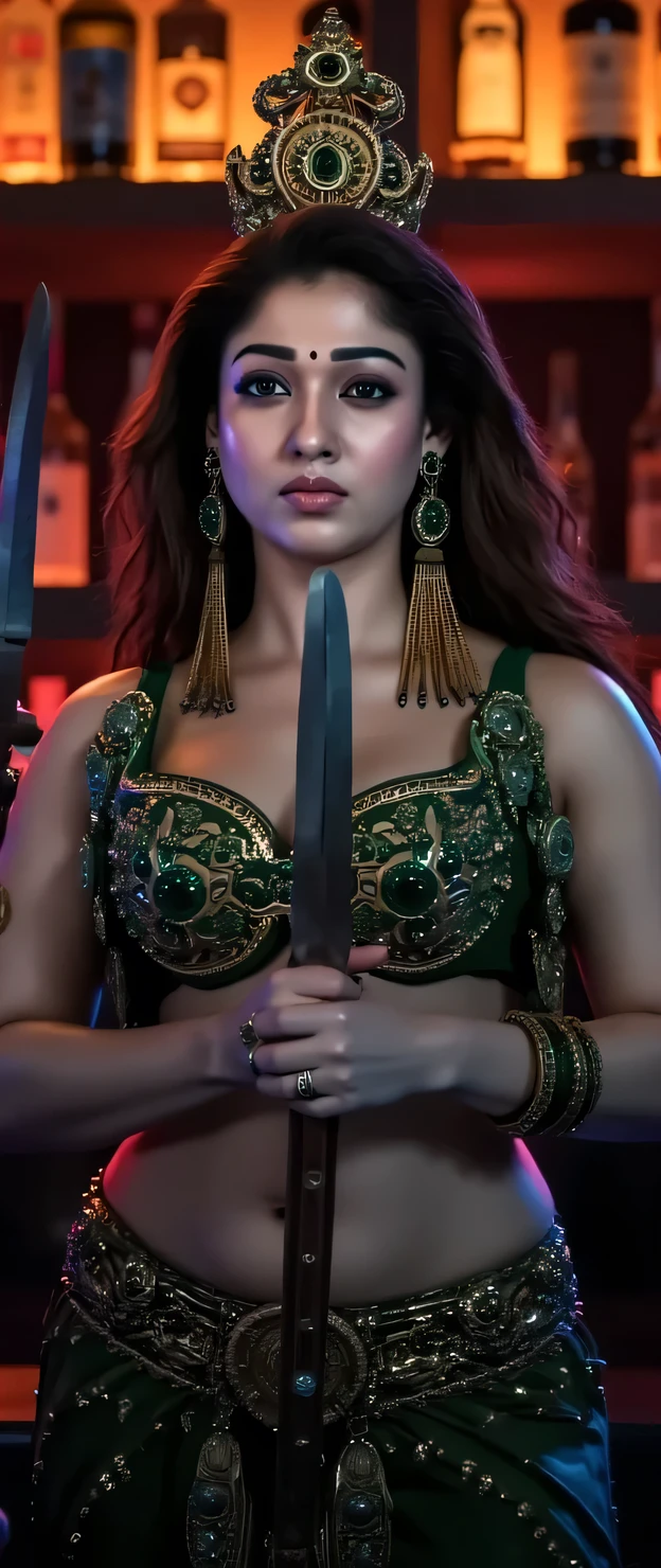 a powerful goddess durga, holding a trishul, in a bar setting with wine bottles in the background, beautiful detailed eyes, beautiful detailed lips, extremely detailed face and portrait, long eyelashes, cinematic lighting, intricate details, hyper-detailed, photorealistic, 8k, masterpiece, stunning colors, dramatic lighting, chiaroscuro, oil painting,