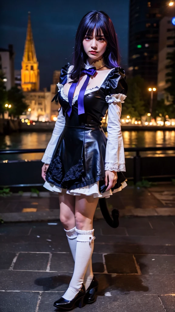 une femme adulte avec des lunettes dans un parc ,Black wedding dress with sleeves, Robe moulante, robe près du corps, black wedding viel, Lolita , gothiques, long skirt, cat ears, white stockings, Dark and purple hair, cheveux noirs et mèches violettes, oreilles de chat sur la tête, gros seins, belle poitrine , Décolleté important, Avatar de seconde vie, Belle capture d’écran, charme , Seconde vie, Plan rapproché entre les jambes , femme séduisante, portant des lunettes noires brillantes