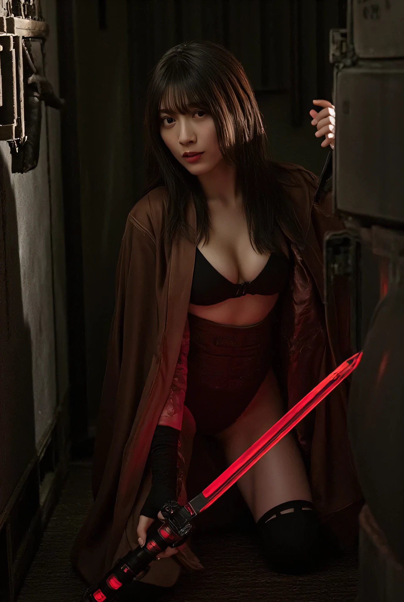 (((The dark interior of the Nostromo ship :2.0))),((( HR Gigger Style Cyberpunk Atmosphere :2.0))),(((Hold a red laser sword in the style of a Japanese sword:2.0))),Combat Stance,((whole body:2.0)), one woman,( cute face),(Beautiful well-balanced face ),(( natural big breasted :2.0)),( black hair:1.5),( beautiful eyes:1.3), glamorous shot of a 20-year-old Japanese woman , Slender Beautiful Body ,(( model body type:2.0)),(( slim body with hot water:1.7)), perfect body line , Ideal Proportions ,(( big breasts:2.0)),((F cup breasts:1.5)),Big Breasts,Bare thighs, sensual thighs, delicate body,( Muscular:1.7),A harmonious posture,((Realistic breast depiction :1.7)), carefully depicting limbs based on perfect anatomy,((Wear a samurai kimono-style military coat with an open front over a black super high-leg leotard :1.5)),(( is a super high-leg leotard made of camy-style latex that fits the body:1.5)),(( leotard that holds a Japanese sword style lightsaber:1.5)),(ear monitor:1.5),((Tactical Holster:1.5)),( gloves:1.3), Concept Art,( top quality:1.5),( Masterpiece:1.5),(Super high resolution),resolution,UHD,( delicate depiction), carefully drawn with butterfly wings ,32K,(( realistic skin texture:1.5)),((( super realistic :1.5))), eyelashes, extremely detailed face,Highly detailed female hand,Sexy appearance,Very sensual,(Blurry Dim Backgrounds :1.5), Professional Photoshoot,( Movie Lighting:2.0),(( Blade Runner Style Lights :2.0))