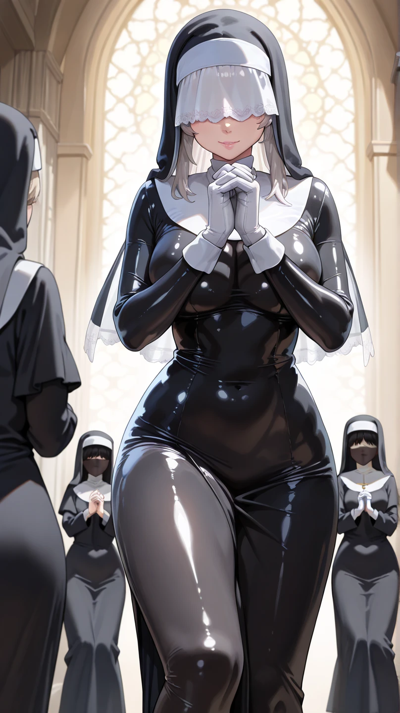 (masterpiece),(Highest quality),(Super detailed),(High resolution),(Highest quality),(An illustration),8k,One female,Beautiful Skin,Beautiful Face,,smile,front,Nun,Nunの衣装,(church),(Functional),((My skirt was lifted by a perverted middle-aged man,Stand with your legs wide apart,Showing off obscene panties)),(Surrounded by perverted middle-aged male followers:1.3),(Hand,detailed,perfect,perfection,hands)