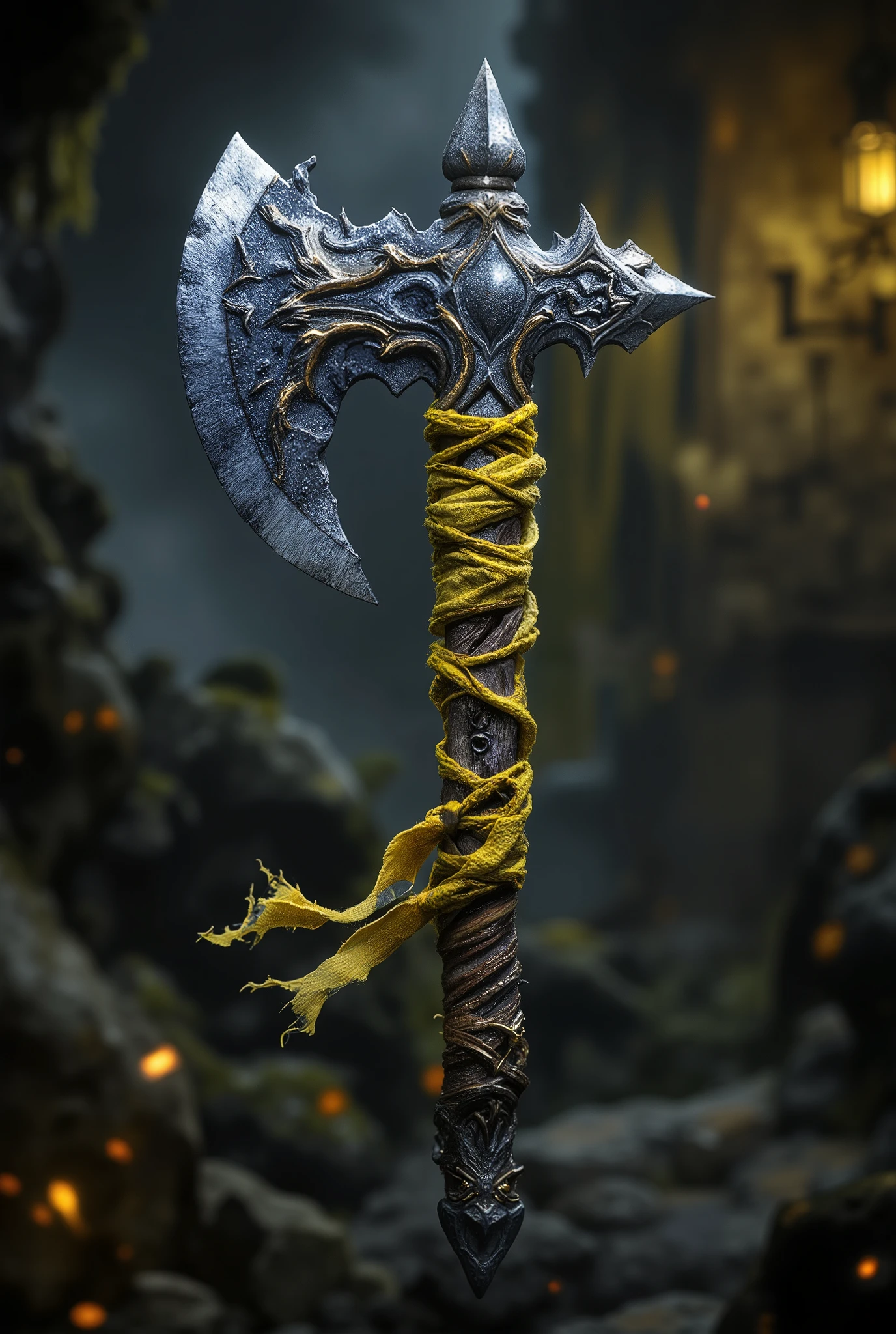 fantasy style, Beautiful Detailed Axe with a Wooden Handle and yellow-green torn cloth on it, Beautifully shaped, pointed and with small spikes , the handle shows patterns carved and scorched , Very detailed , Masterpiece , better quality, complicated details, 8 k, beautiful details , Exactly, beautifully done work by a skilled blacksmith ,