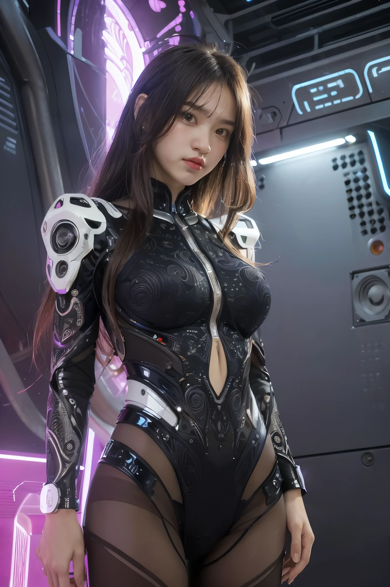 (기계1 girl과 외계인 1명)、(mystical expression)、top quality、masterpiece、Super high resolution、(realistic:1.4)、((heavy chest)),raw photo、1 girl、shiny skin、(((1 Mechanical Girl)))、((transparent crystal suit bodysuit、the body can see through)).(natural alien background to fight aliens)、(Compact LEDs)、((매우 realistic 디테일))),world lights、shadow、octane render、8K、very sharp、desk person background、giant 、Raw skin exposed in cleavage、red metal、Details of intricate ornaments、Japan Details、very intricate details、realistic light、(mystical expression),CG Society Trenlow Eyes、Shining eyes towards the camera、Mechanical peripheral blood vessels connected to tubes with neon details)、(Wires and cables connected to the head)、Compact L,mechanical thighs、Two-Stock、(Hands were also made by machines)、、alien from the future、Please wear a mechanical helmet.、