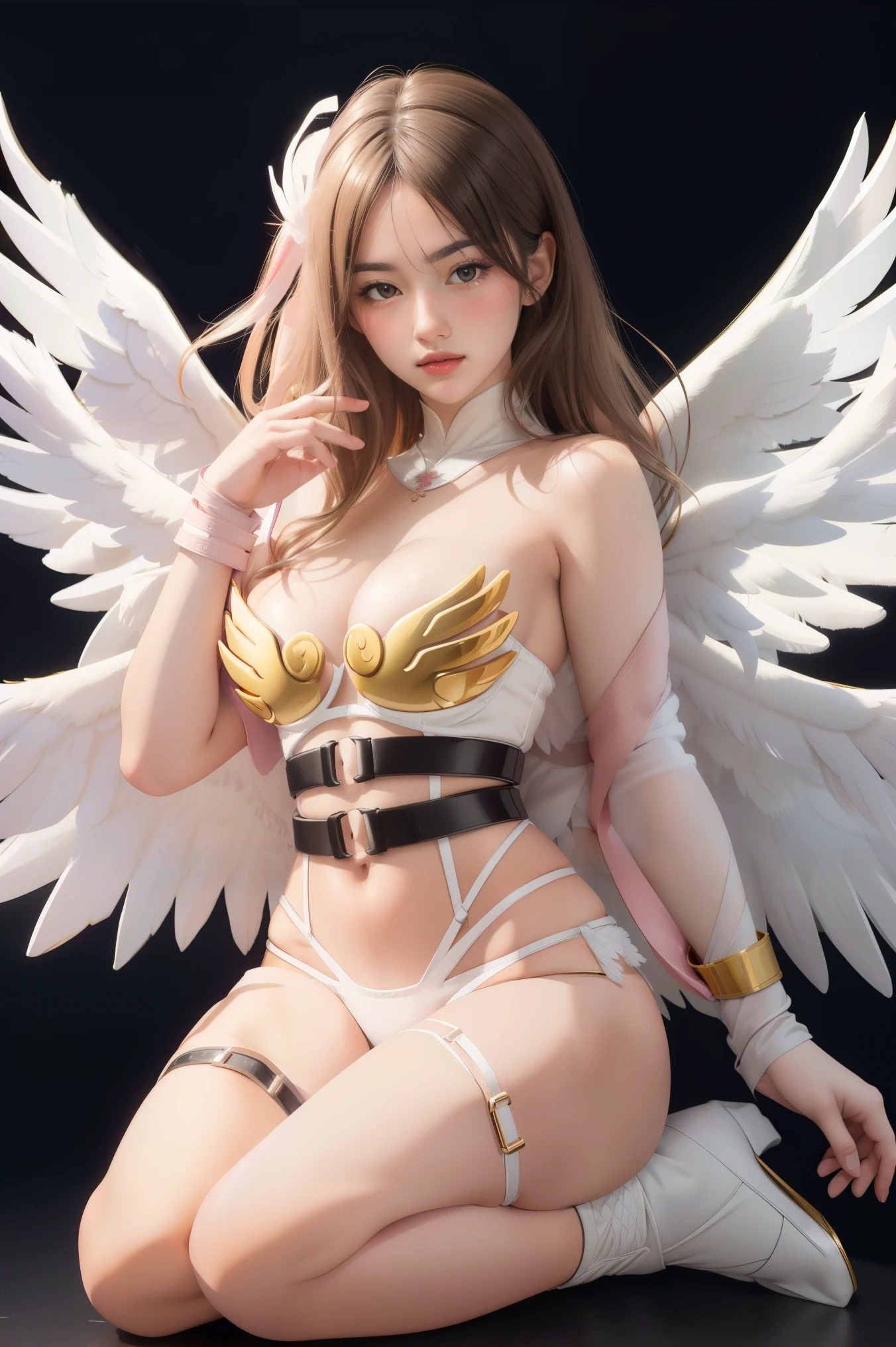 ((masterpiece, best quality, extremely detailed), volumetric lighting, ambient occlusion, colorful, glowing),
1girl, solo, young girl, (purple hair), long hair, halo, aura, sacred, goddess, cleric suit, (white outfit with gold detailst:1.3), angel wings,
outdoors, sunset, sky, clouds, space, (fantasy theme:1.2),nude,show her tits