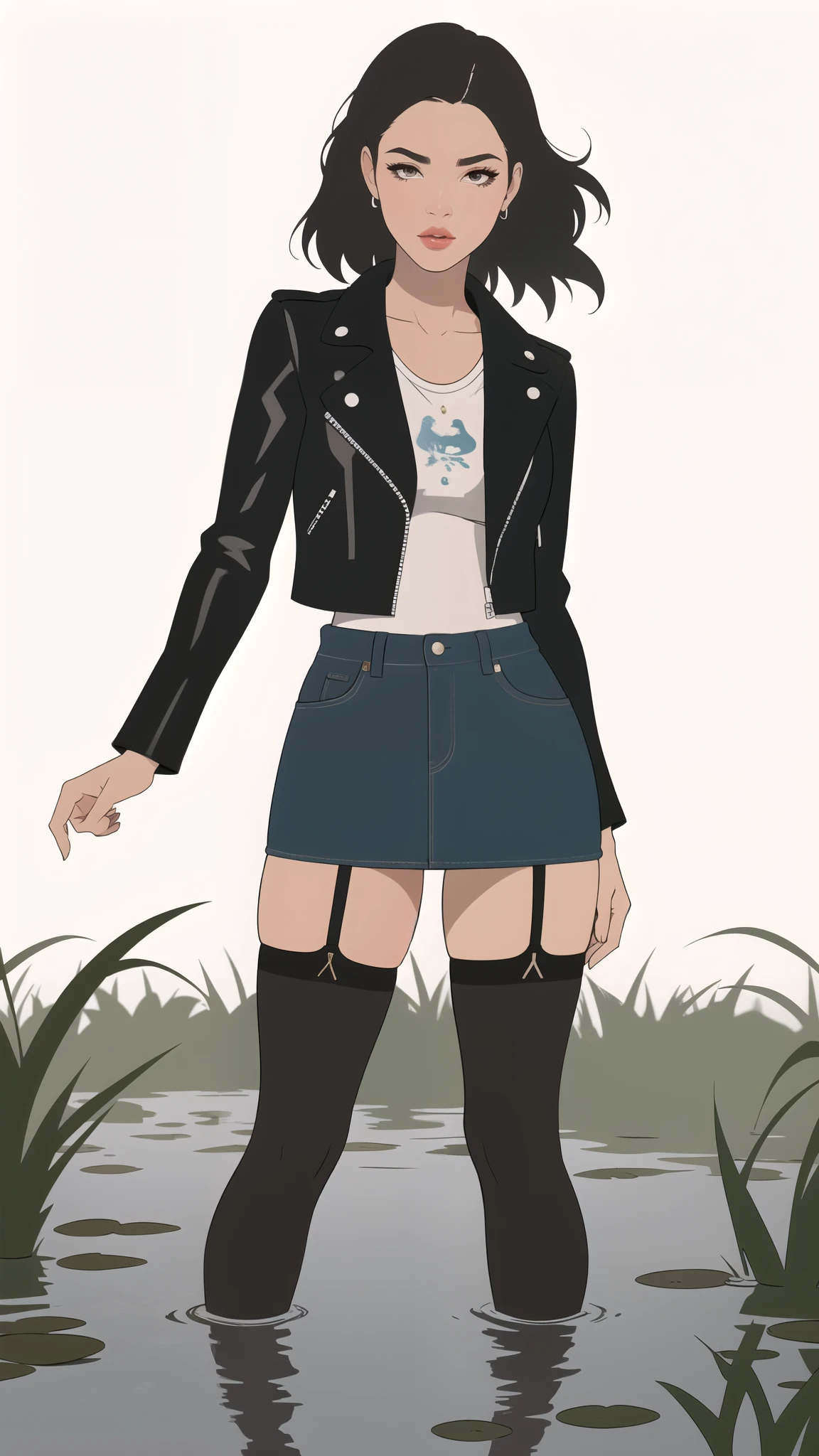 passionate vulnerable diva , simple vector illustration , standing, denim skirt , nylon stockings with garters , leather jacket, drowning in a small swamp, artistic composition , lips, white background, Ethnic patterns , posing
