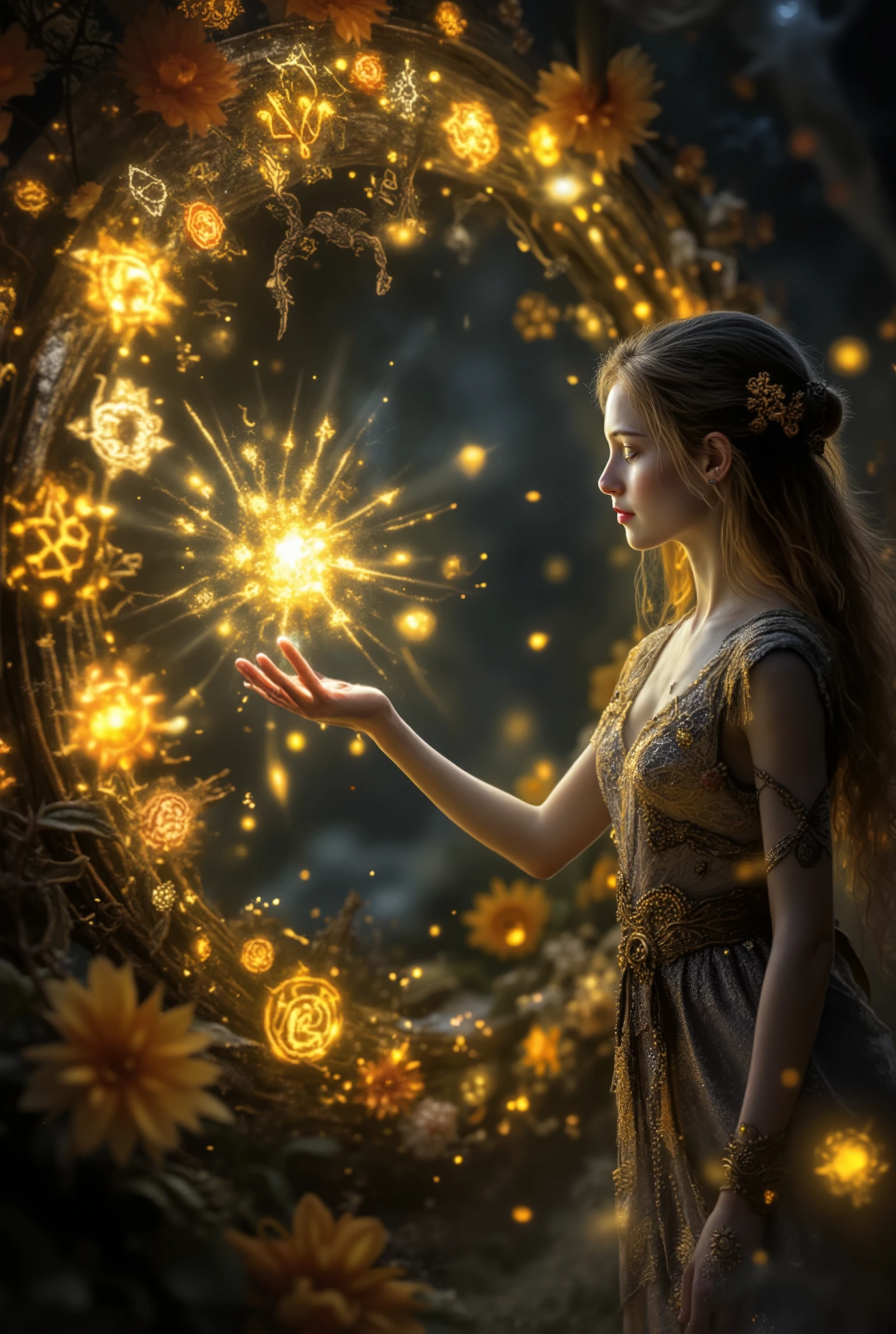 Beautiful Girl Blonde hair , is wearing a magical dress with patterned flowers that glow in the night , a beautiful magical arch of patterns and bright beautiful Runic Symbols of Magic , Girl Touching the Arch, the gentle light of golden glow lights up very beautifully, magic, better quality, maximum details , complicated details, 8 k, maximum quality , beautiful quality , fantasy style, Exactly,