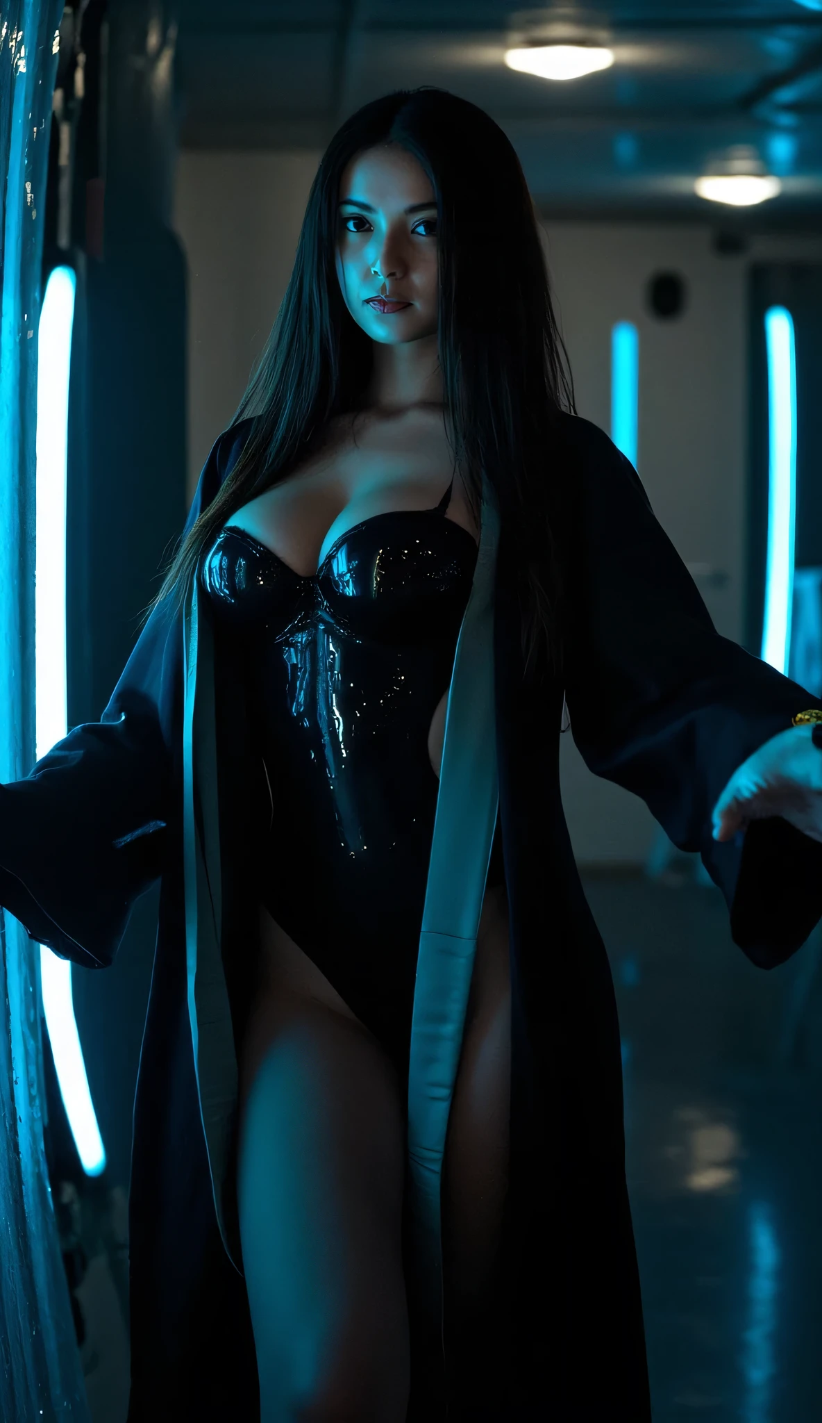 (((The dark interior of the Nostromo ship :2.0))),((( HR Gigger Style Cyberpunk Atmosphere :2.0))),(((A super high-leg leotard made of camy-style latex that fits the body and holds a blue laser sword that glows blue in the style of a Japanese sword :2.0))),Combat Stance,((whole body:2.0)), one woman,( cute face),(Beautiful well-balanced face ),(( natural big breasted :2.0)),( black hair:1.5),( beautiful eyes:1.3), glamorous shot of a 20-year-old Japanese woman , Slender Beautiful Body ,(( model body type:2.0)),(( slim body with hot water:1.7)), perfect body line , Ideal Proportions ,(( big breasts:2.0)),((F cup breasts:1.5)),Big Breasts,Bare thighs, sensual thighs, delicate body,( Muscular:1.7),A harmonious posture,((Realistic breast depiction :1.7)), carefully depicting limbs based on perfect anatomy,((Wear a samurai kimono-style military coat with an open front over a black super high-leg leotard :1.5)),(( is a super high-leg leotard made of camy-style latex that fits the body:1.5)),(( leotard that holds a Japanese sword style lightsaber:1.5)),(ear monitor:1.5),((Tactical Holster:1.5)),( gloves:1.3), Concept Art,( top quality:1.5),( Masterpiece:1.5),(Super high resolution),resolution,UHD,( delicate depiction), carefully drawn with butterfly wings ,32K,(( realistic skin texture:1.5)),((( super realistic :1.5))), eyelashes, extremely detailed face,Highly detailed female hand,Sexy appearance,Very sensual,(Blurry Dim Backgrounds :1.5), Professional Photoshoot,( Movie Lighting:2.0),(( Blade Runner Style Lights :2.0))