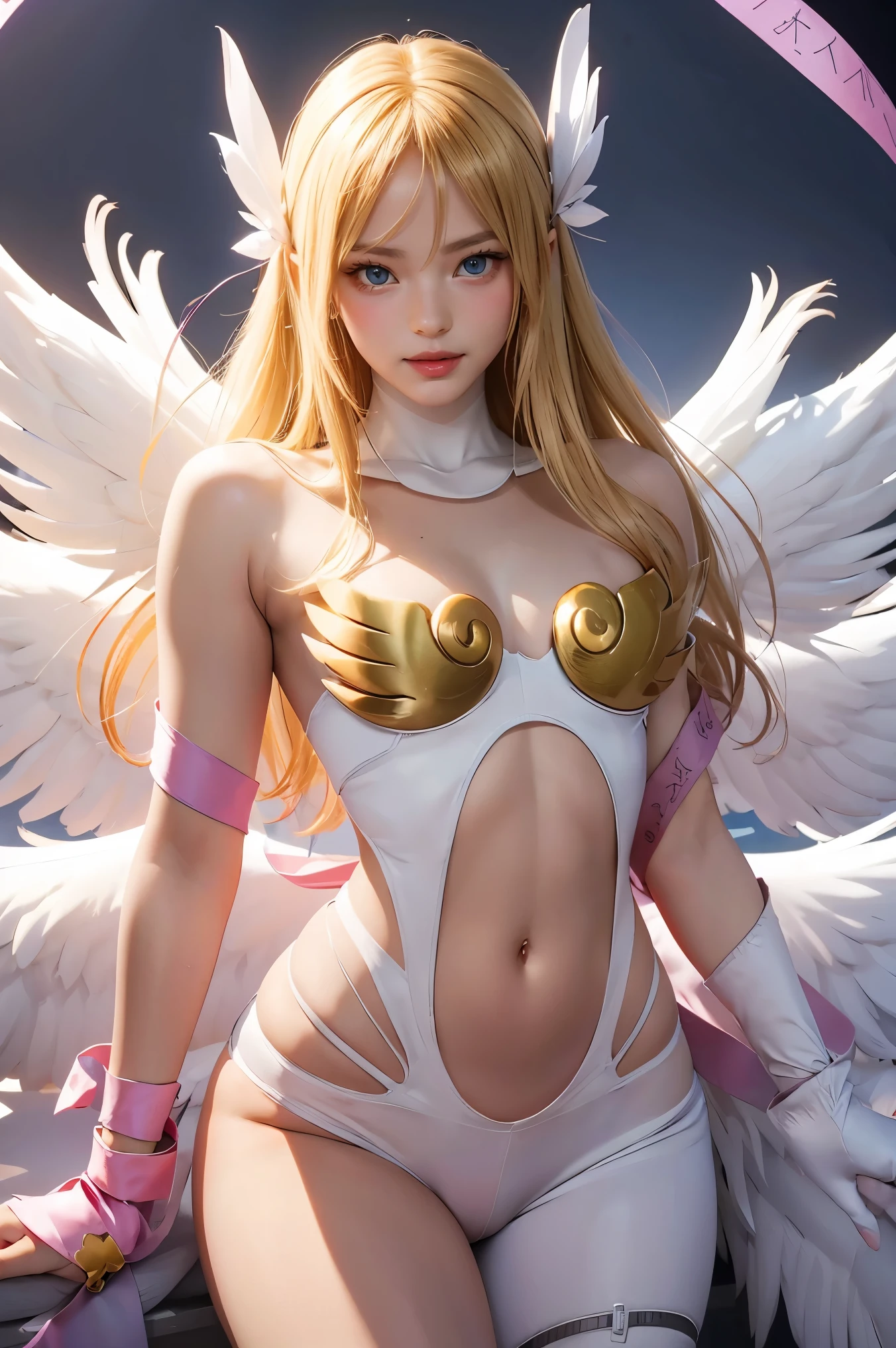 angewomon, ((blonde hair)), long hair, angel wings,blue eyes, bare shoulders, elbow gloves, feathered wings, gloves, navel, pink ribbon, ribbon, single elbow glove, single glove, thigh strap, wings, sexy, sexy body, laugh, masterpiece, best quality, in detail,cute, (split), whole body, Best image quality、masterpiece、8k、Anime Face、A kind smile、 beautiful body 、Cowboy Shot,sexy、Very detailed、highest quality