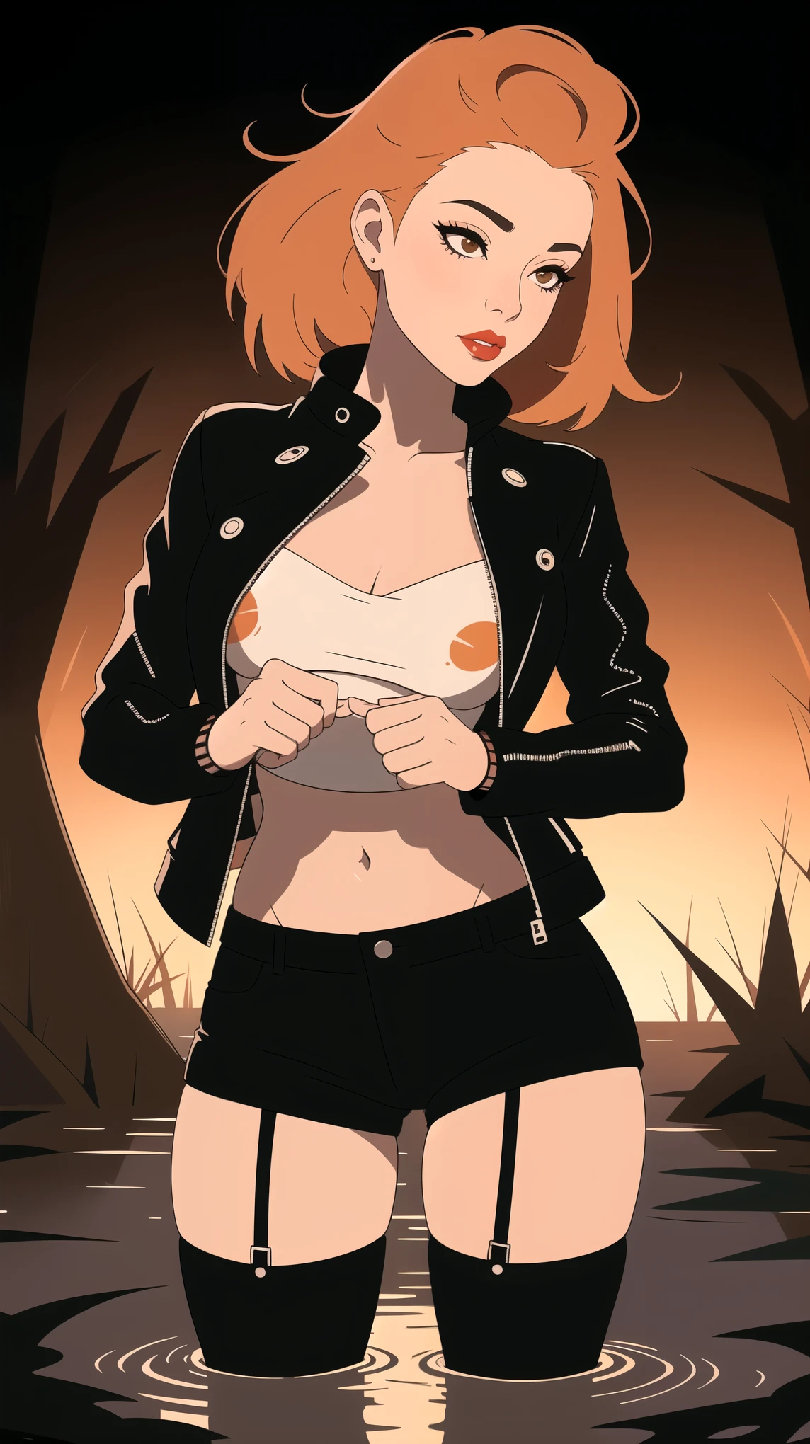 passionate vulnerable diva ,   simple vector illustration  ,  standing, hotpants , nylon stockings with garters , leather jacket, drowning in a small swamp, artistic composition ,red lips,  black background,  Ethnic patterns , posing, close-up