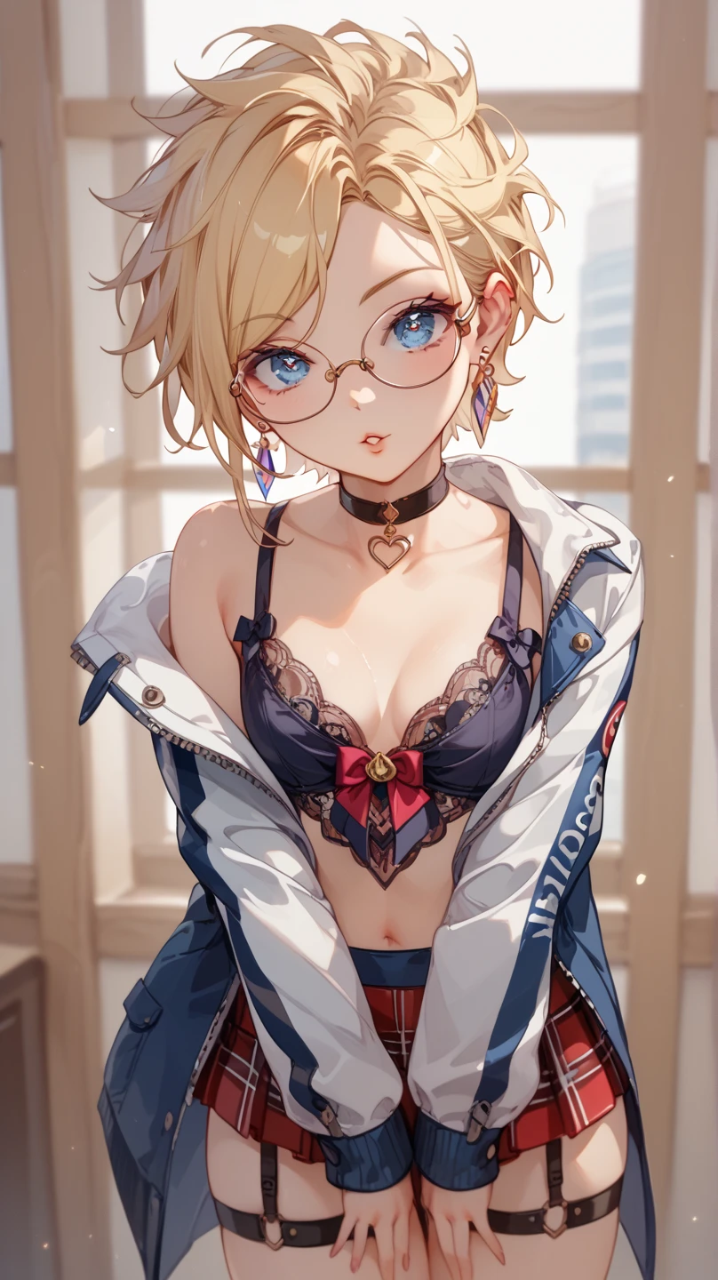 High resolution, 2D anime style,,Blue eyes beautiful eyes,high and beautiful nose,thin face,blonde boyish short hair,cool woman,beautiful earrings,beautiful clock,chest is a little big,she looks very sad,she is crying so much,bite'lips,blush,she narrows her eyes,she wears glasses,Fashion that shows off your stomach,she is wearing a fluffy bathrobe.,,sitting on the bed,bedroom at night,london cityscape
