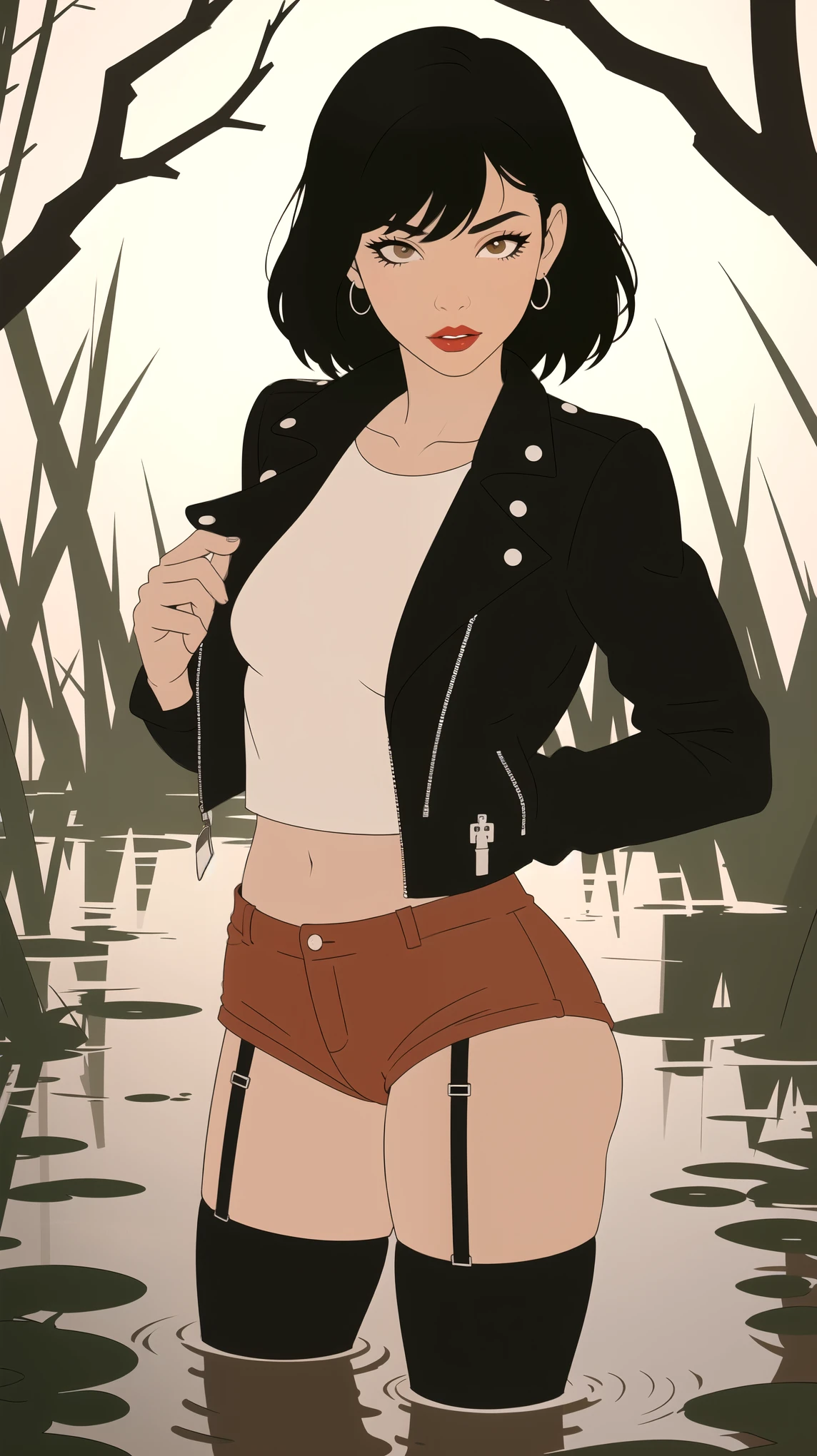 passionate vulnerable diva , simple vector illustration , standing, hotpants , nylon stockings with garters , leather jacket, drowning in a small swamp, artistic composition ,red lips, white background, Ethnic patterns , posing, close-up, evening