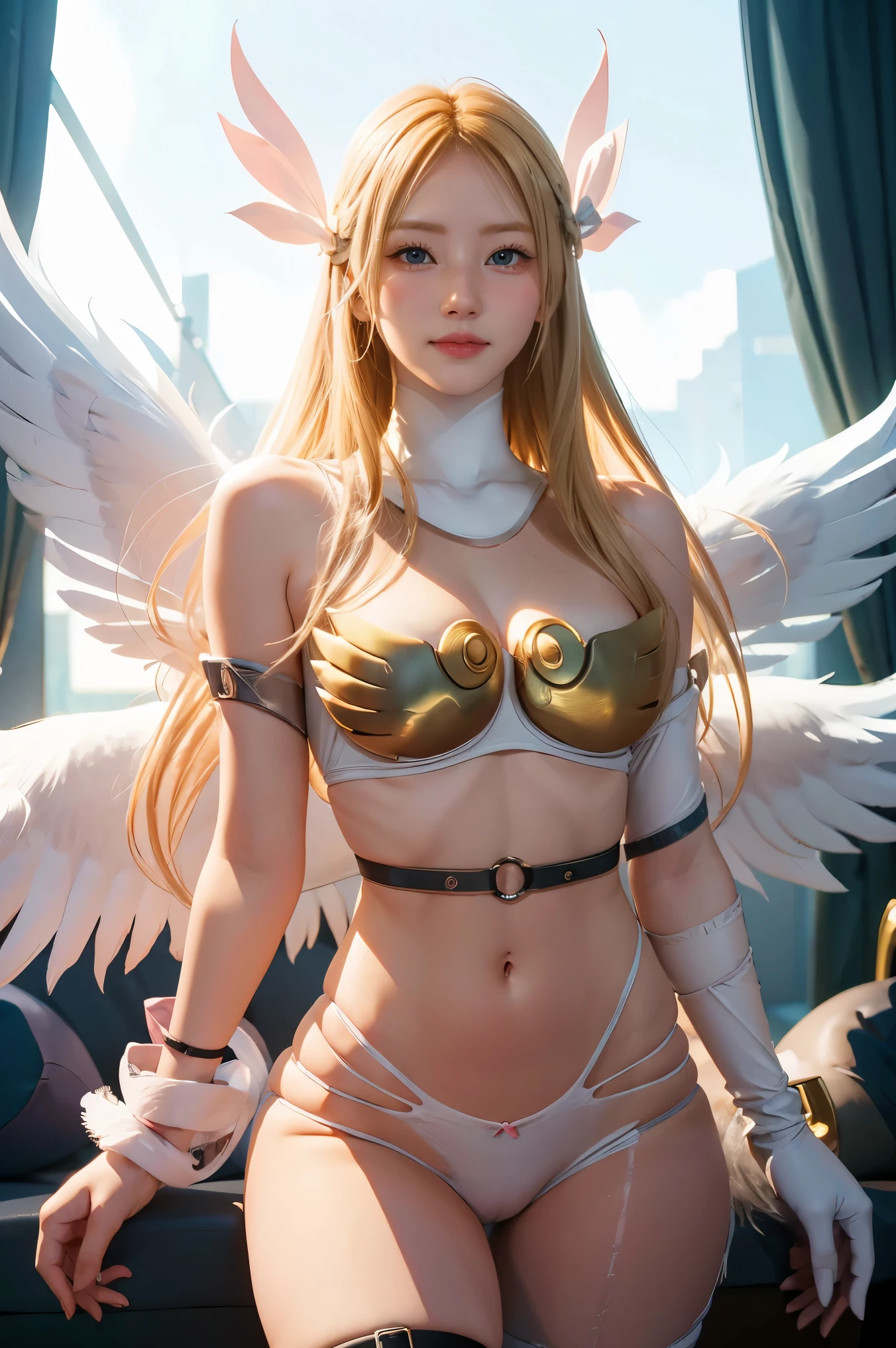 angewomon, ((blonde hair)), long hair, angel wings,blue eyes, ((big boob)), ((large breasts)), bare shoulders, elbow gloves, feathered wings, gloves, navel, pink ribbon, ribbon, single elbow glove, single glove, thigh strap, wings, sexy, sexy body, laugh,masterpiece, best quality, in detail,cute, (split), whole body, Best image quality、masterpiece、8k、Anime Face、A kind smile、 beautiful body 、Cowboy Shot,sexy、Very detailed、highest quality