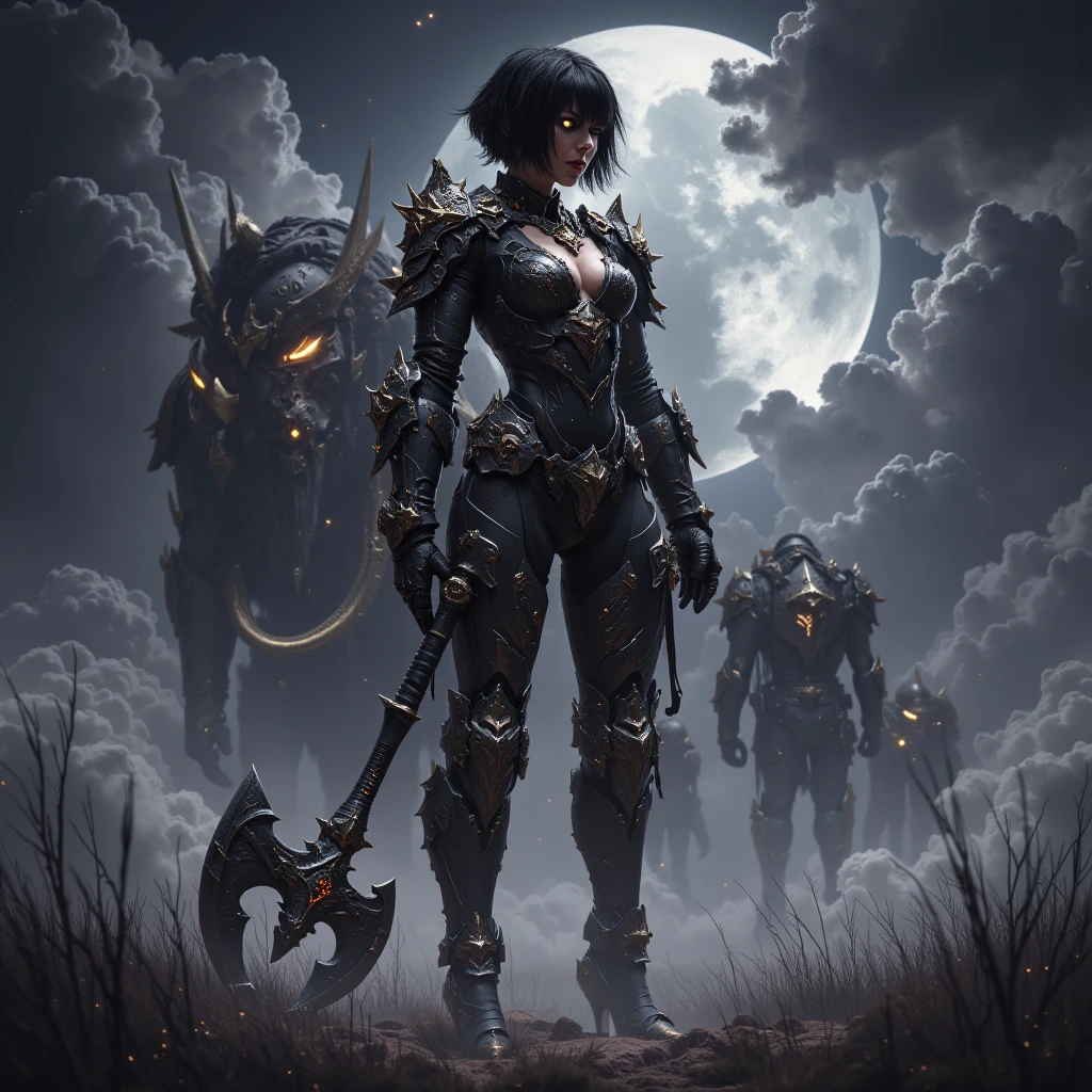 1girl, (solo), short bob hair with bangs, black hair, breasts, small size, yellow eyes, tanned skin, (knight), chainmail, black plate armor, full body, kneeling, sad, tired, exhausted, (night), red moon, moonlight, clouds, death forest, forest behind, (very sexy body, detailed face, masterpiece, highly detailed, 8k, best quality, vibrant colors, digital art, concept art)