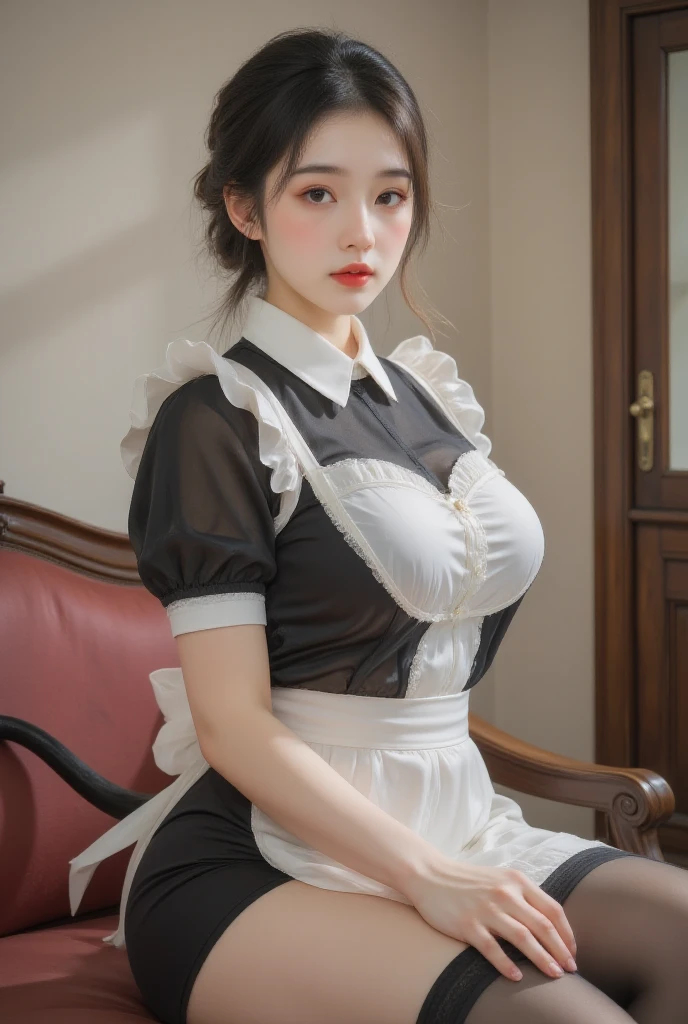 ((masterpiece)), ((highest quality)), (Super get used to it), ((cute)), cute, ((sexy)), (get used to it), ((very get used to it)), 4k, (8K), highest quality, (beautiful), hyper cute face, shape, hyper genuineistic, genuine, ((from below)), ((whole body)), close, thick outline, clear outline, in her room, (1 girl, cute girl:1.5), (Maid clothes, mini skirt:1.5), beautiful light brown hair, beautiful brown eyes, ((beautiful eyes)), short hair, (((big breasts))), (open legs, flip up the skirt, I can see my underwear:1.5), sexyな表情