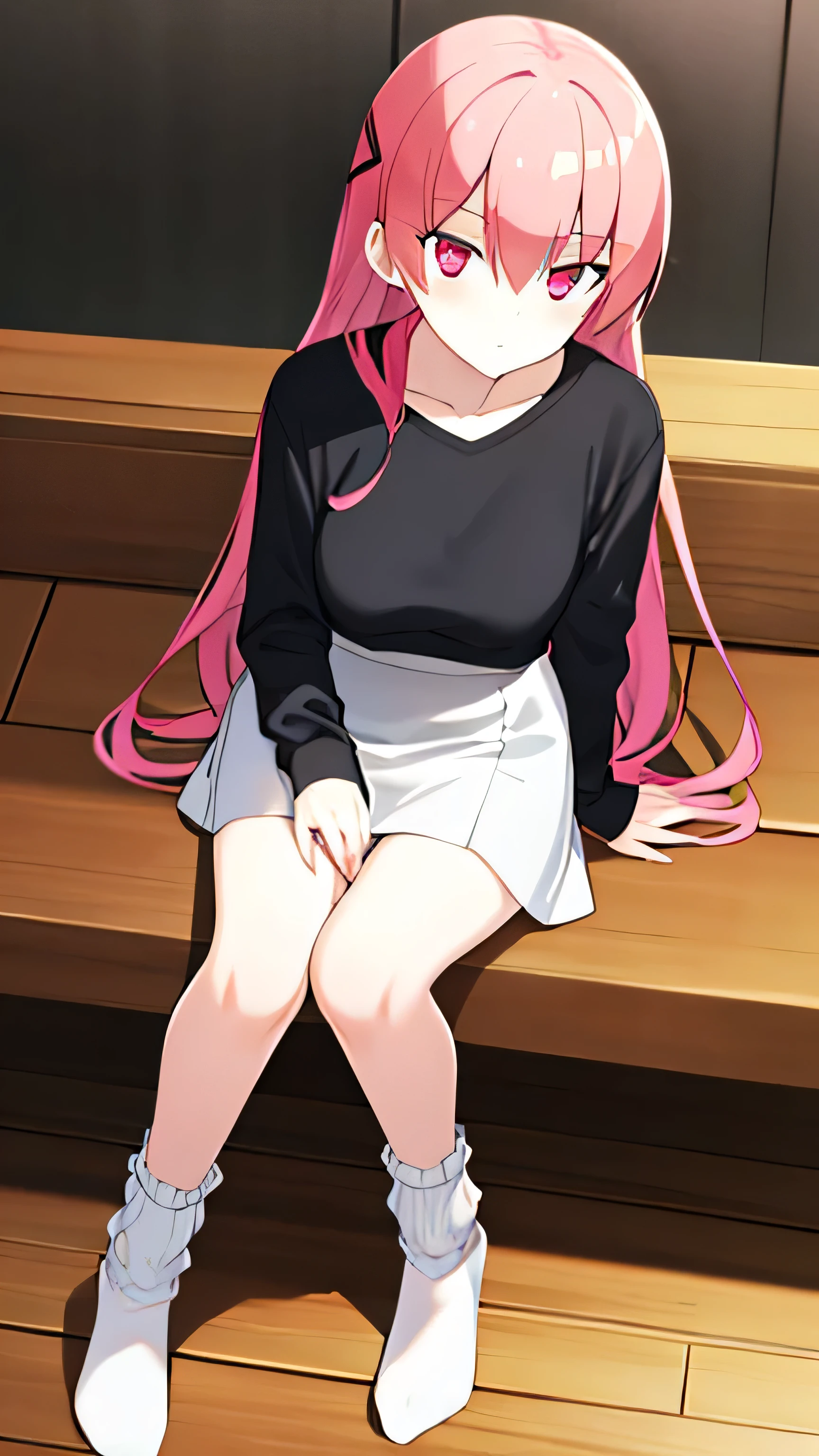 Anime girl sitting on a wooden bench with a pink hair - SeaArt AI