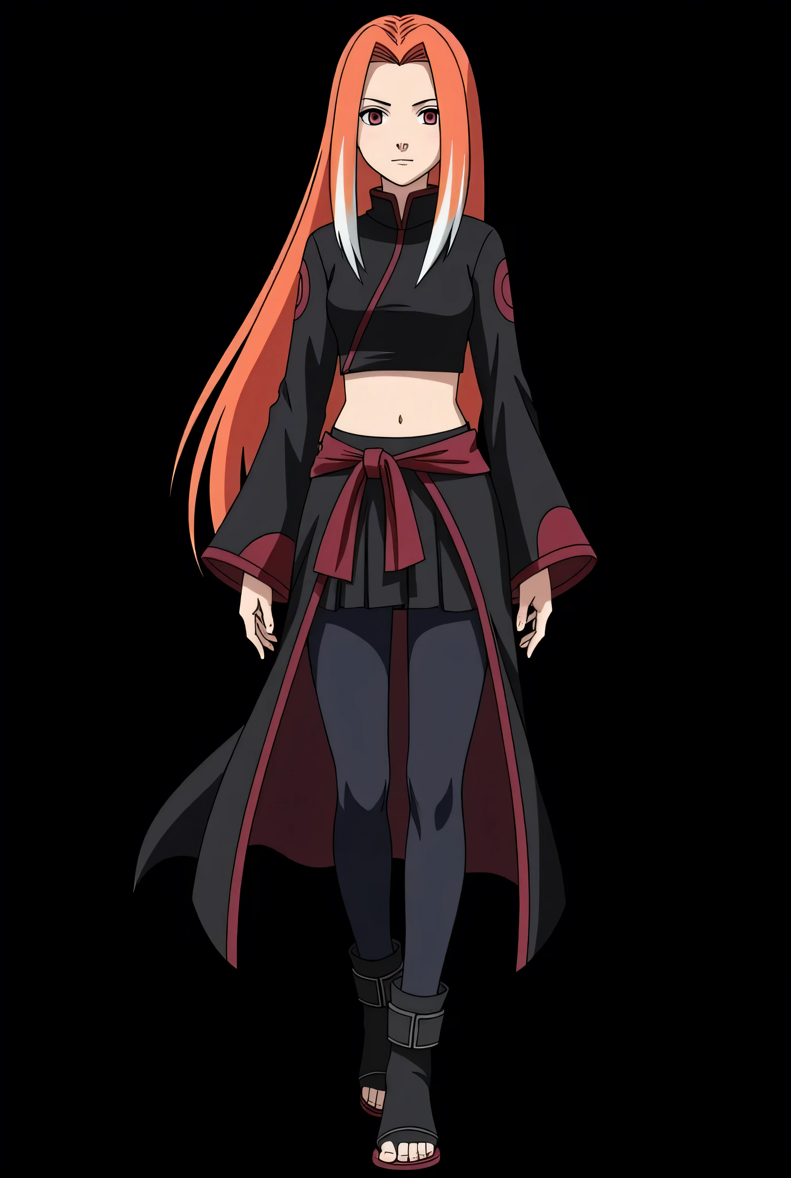 Female character of a designed for the Naruto Classic universe, in the style of Masashi Kishimoto , Aparência:
Age: anos
Aparência:
hair: long and flaming , with an intense orange tone that seems to shine in the sunlight . Two white locks highlighted on the front frame her face , giving her a mysterious and unique air . Her hair is normally loose , but she wears a ribbon for Attach some wicks during combat .
eyes: nostrils, that transmit calm and wisdom beyond her age , but what if They make penetrating and intense in moments of battle or when practicing magic .
It lasts: Akari wears a black cropped with dark red details, inspired by the traditional robes of Wicca witches , but adapted for combat . She wears tight black skirts and reinforced boots for greater mobility. Physical and body structure of a girl . black background. Design characteristics and traits of Studio Pierrot: