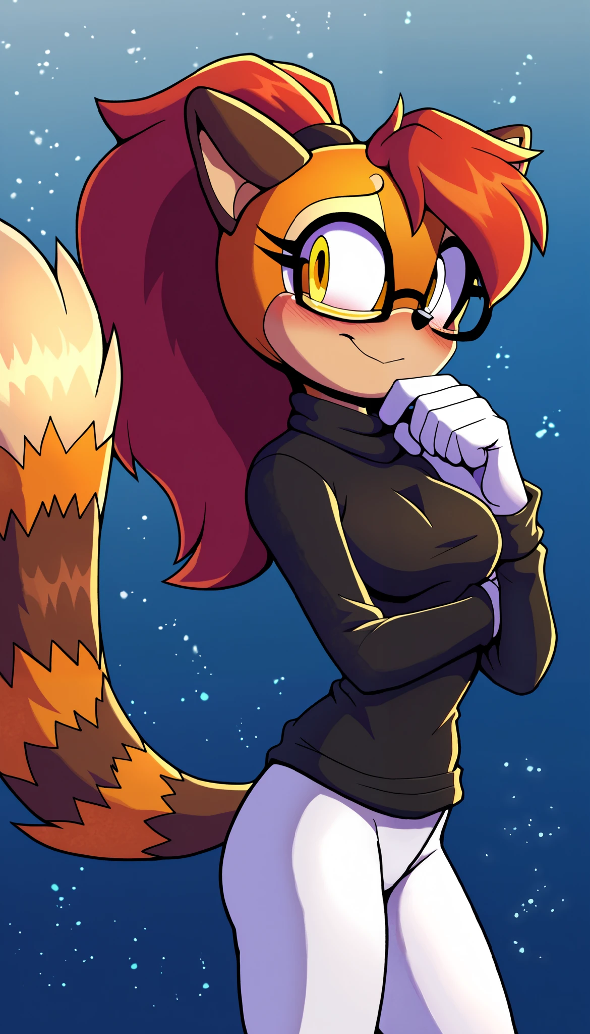 masterpiece, best quality, 1girl, anthro, furry, Mobian, fur, fluffy fur, red panda girl, furry, red panda ears, animal nose, cute eyes, yellow eyes, red panda tail, thick and fluffy tail, red hair, medium hair, long hair, solo, (simple background), detailed, black sweater, white pants, 18 years old, head tilt, medium breast, glasses, blush, shy pose, small smile, looking at the viewer, light particles, score_9, score_8_up, score_7_up, score_6_up, score_5_up, score_4_up, evnstnly, Even Stanley art style, Sonic OC, Sonic fan character, Sonic the Hedgehog series, (2D)