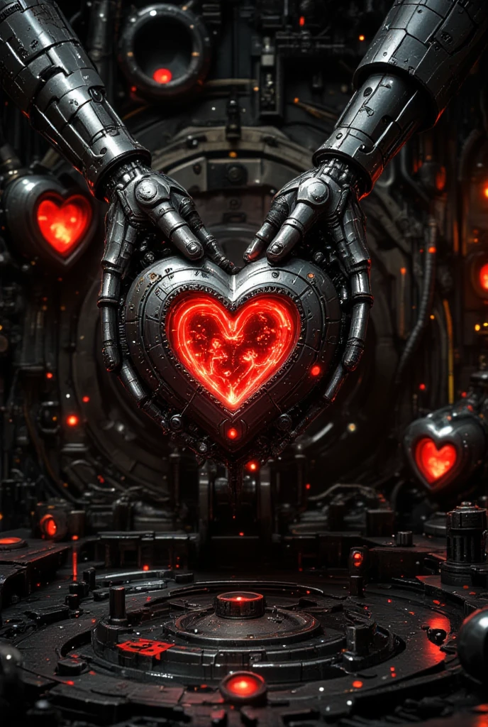 A secret Valentine's heart factory, steampunk style, The symbols of the hearts are mechanical semi-assembled, cybermechanical hands, glare and reflections, Tables with tools, gears that glow from the inside. silver and gold tones with red accents, intricate gears and mechanisms, sharp shadows from machinery, romantic yet mechanical atmosphere, 4K, hyper-detailed, cinematic lighting