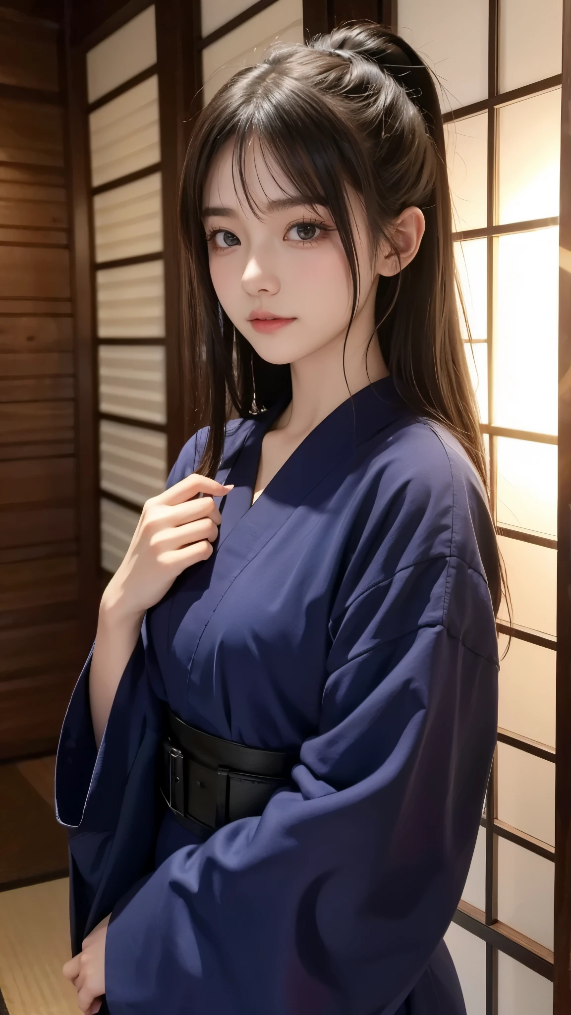 Beautiful Japanese Ninja Girl 、-teete Japanese idol、do not' Doesn't Look Korean 、There are no Korean characteristics 、Unlike the Chinese、 No Chinese character 、 Live Action 、 film art style, cinematic lights that fit your body type , Lomography 、 short wolf cut hair 、 Athletes、I'm training and I'Meter thin、 sexy smile、 very big breasts、 saggy breasts、nsfw、Immerse yourself in a world of lust and lasciviousness、 Very Tight Tiny Tube Tops 、 slender body line、 sexy model pose with legs spread out、 female ninja in quest、Japanese Naginata、autumn leaves、Ninja costumes 、Protected by scaly metal strips 。、 Assassin、( detailed hands、 perfect right hand)、 top quality、8k、 RAW photos 、 super high heels、 reality、 Masterpiece