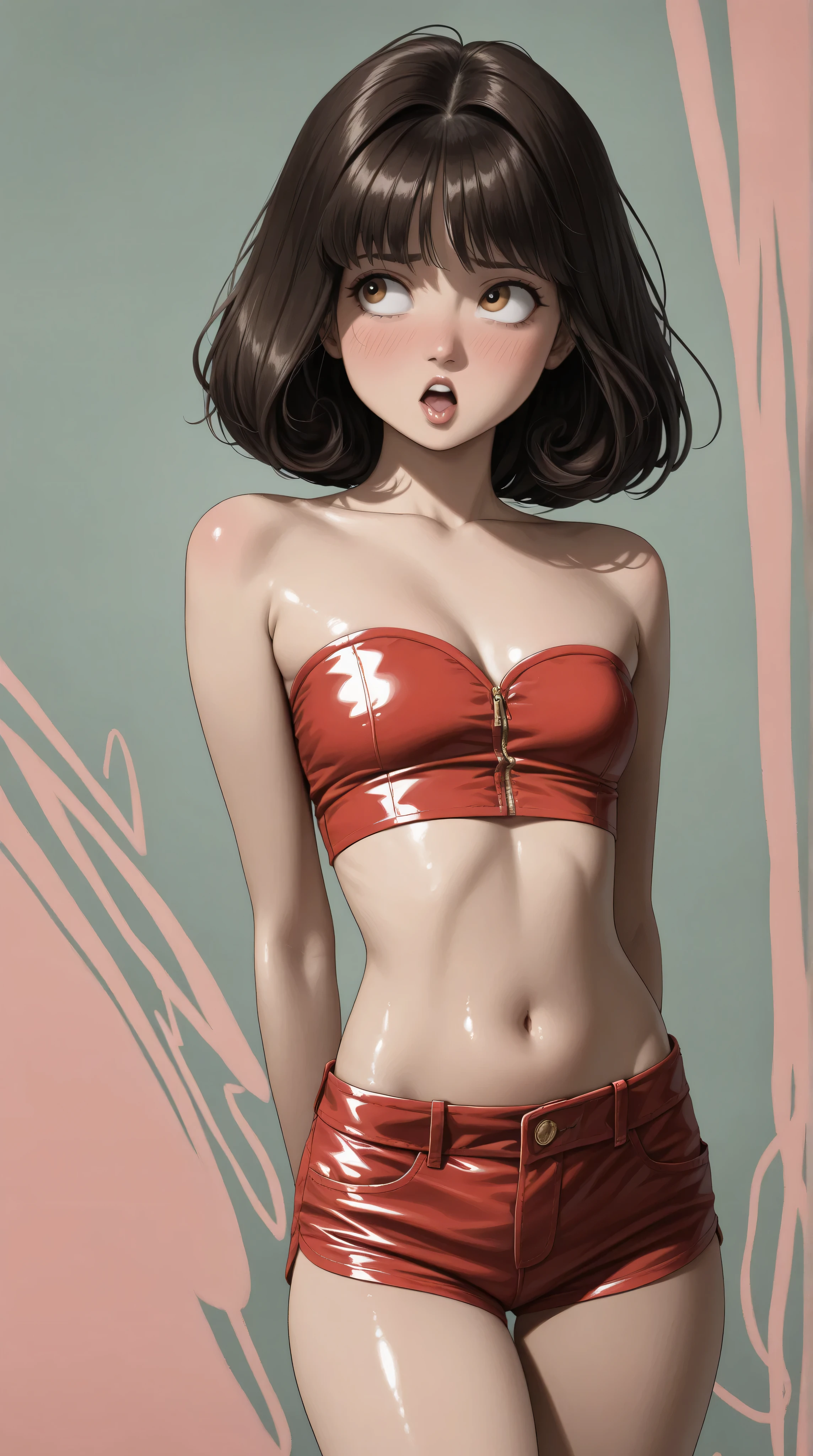 style retro classic, master piece:1.5、(minimal art, line drawing), Wildlife, ((Best resolution)), (HotLexi woman), Solo, young asian girl, (mini-shorts, crop strapless), (beautiful perfect face), Kizi,(eyes looking off to side), Highly detailed, Amazing work,Vitreous luster, blues, yellows, Best quality at best,shiny skin, no background, colorful background, green background, pink background, gold, background, pose, dynamic pose, heavy blushing, small , , illustrated anime, heavy blushing, body blush,