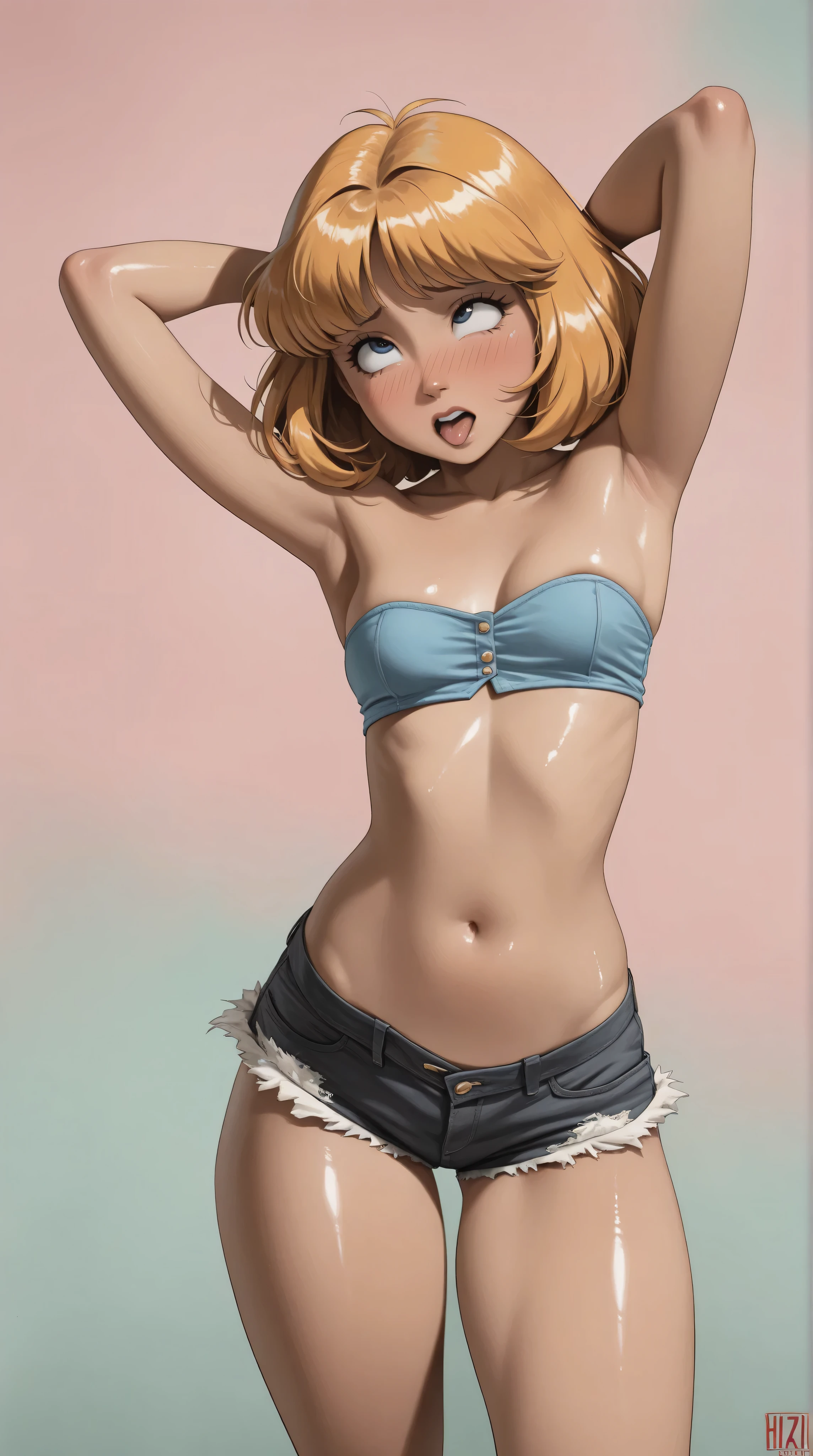 style retro classic, master piece:1.5、(minimal art, line drawing), Wildlife, ((Best resolution)), (HotLexi woman), Solo, young asian girl, (mini-shorts, crop strapless), (beautiful perfect face), Kizi，(eyes looking off to side), Highly detailed, Amazing work，Vitreous luster, blues, yellows, Best quality at best，shiny skin, no background, colorful background, green background, pink background, gold, background, sexy pose, dynamic pose, heavy blushing, small breasts, ahegao, illustrated anime, heavy blushing, body blush, 