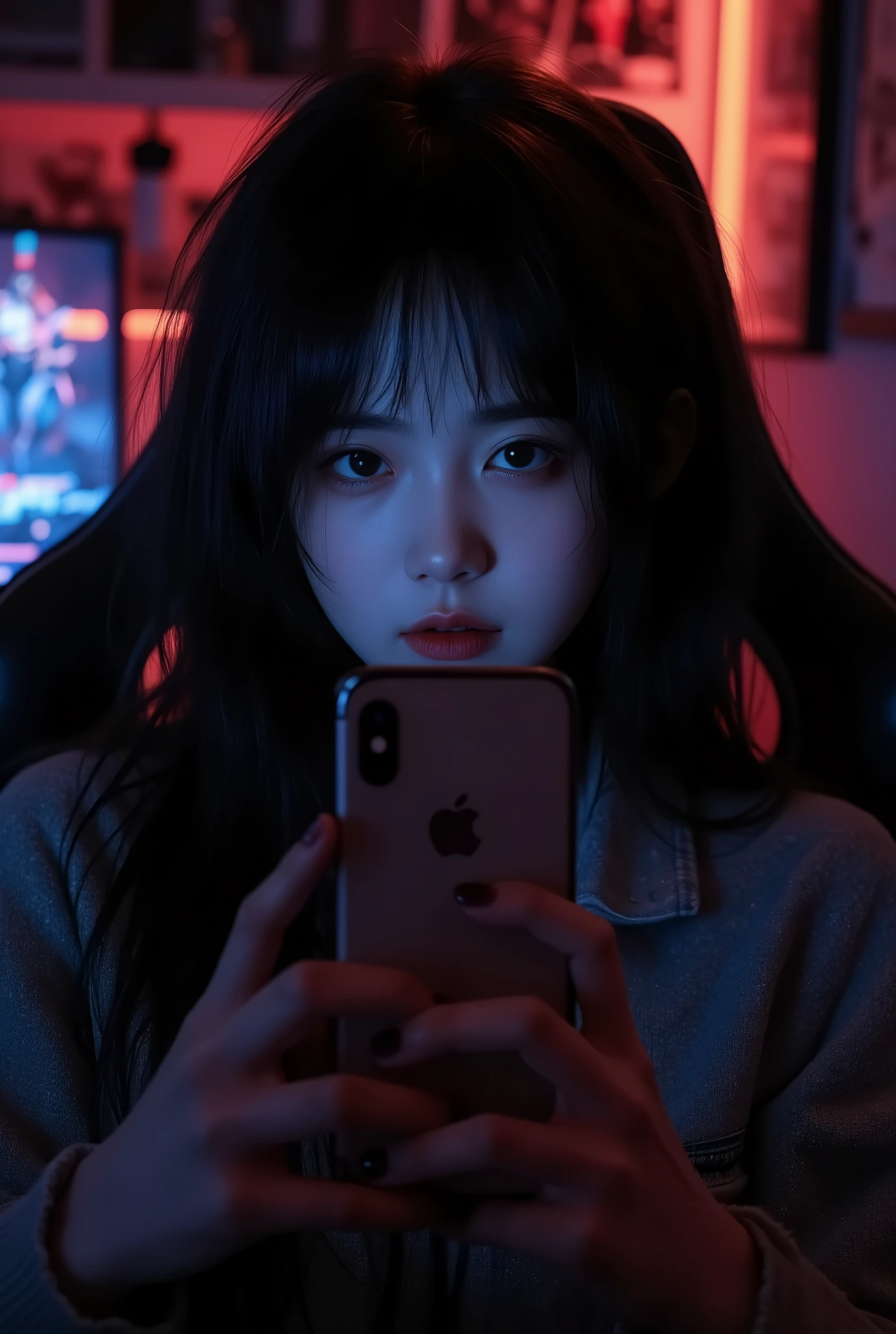 1 girl , beautiful eyes , chinese , gamer , gaming chair , playing mobile phone , (iphone) , selfie ,half smile face , bitch face , dark room , gamer room lighting