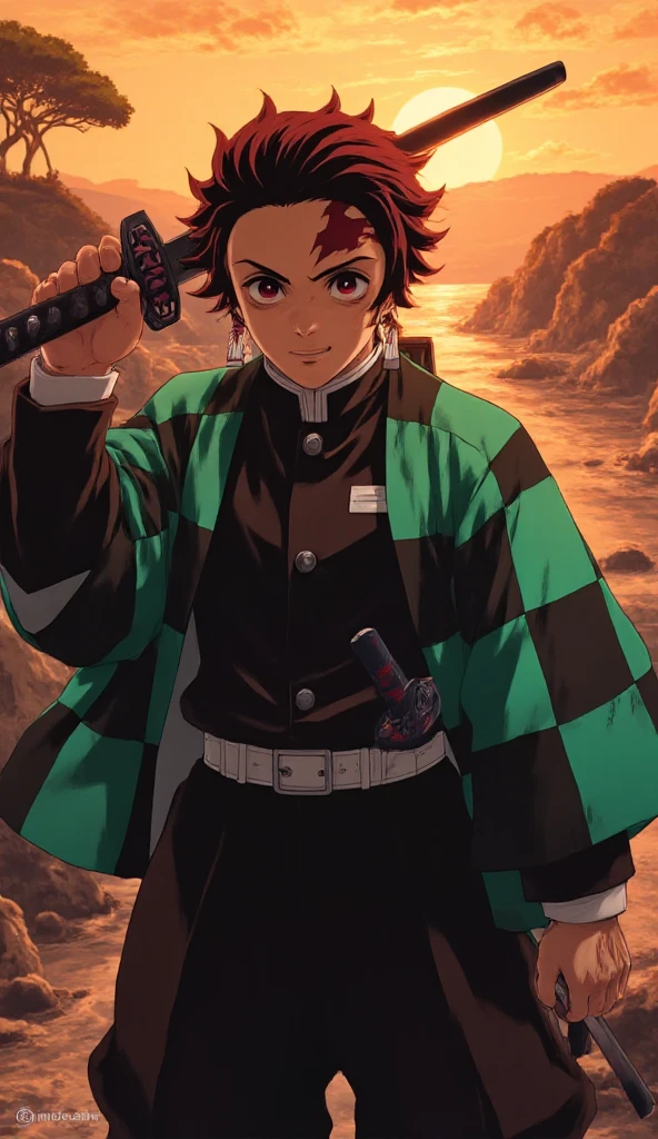 *" A hyperrealistic image of Tanjiro Kamado from Demon Slayer :  KIMETSU NO YAIBA,  standing in a heroic pose ,  with his unsheathed black Nichirin katana .  His black hair with red tips is faithfully detailed to the anime,  her dark red eyes reflect determination and kindness .  The scar on his forehead is and well defined .  He wears his green and black haori over his demon-hunter uniform ,  with every crease and realistic texture .
The background shows a beautiful landscape :  illuminated by the warm light of the sunset .  A crystalline river meanders between the rocks ,  reflecting the golden sky .
 Tanjiro has a firm but serene posture ,  with his katana ready but not aggressive ,  radiating her characteristic unbreakable spirit .  Natural lighting highlights his silhouette ,  with a perfect balance between realism and fidelity to the anime ."*
