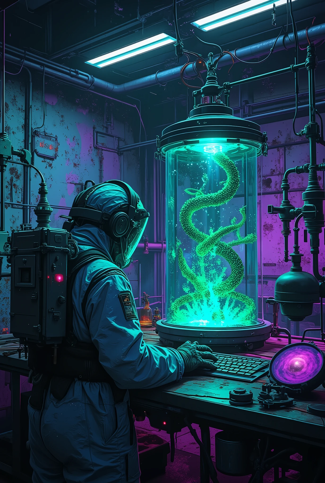 Dark Tech Lab ,} Cyberpunk fluorescent tube wrapped glass dome , Robotic array with luminescent green reagent , Holographic screen beating DNA spirals , The back of a protective suit controls a transparent keyboard , Semi-mechanical octopus tentacle glass in a culture chamber , Cold blue intertwined with neon violet light , Steam spurts from rusted valves , Wall with light-emitting circuit vines ,Wasteland of the future+Resident Evil texture ,8k mechanical precision details , mechanical and biological element hedging、 Cool color dimming effect and urgent damage details , Creating a mysterious and dangerous technological scene 。