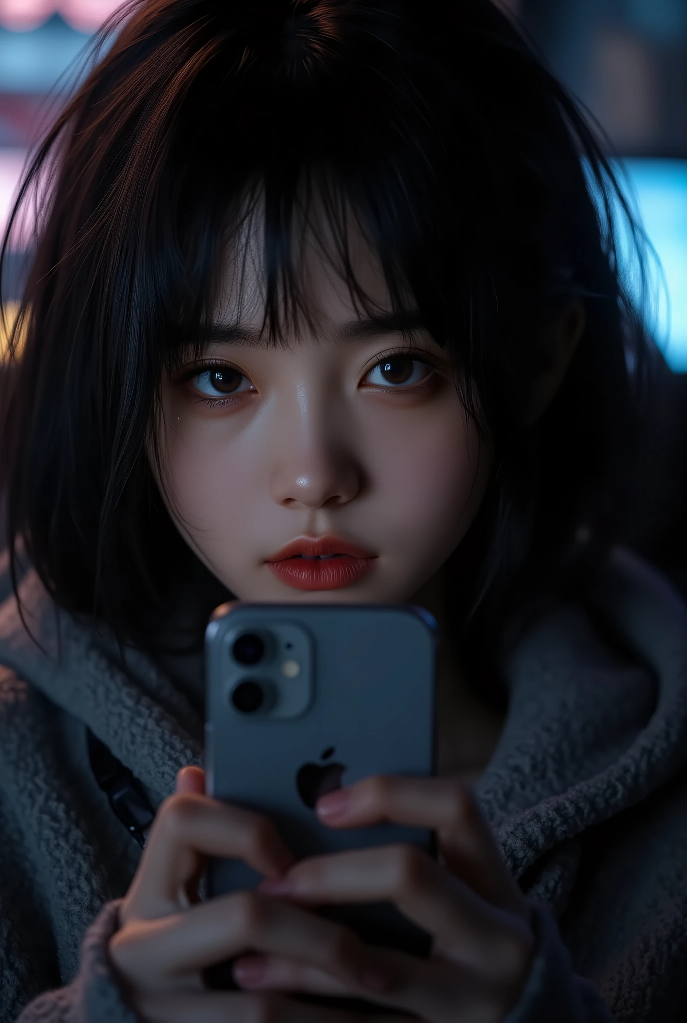 1 girl , beautiful eyes , chinese , gamer , gaming chair , playing mobile phone , (iphone) , selfie ,half smile face , bitch face , dark room , gamer room lighting