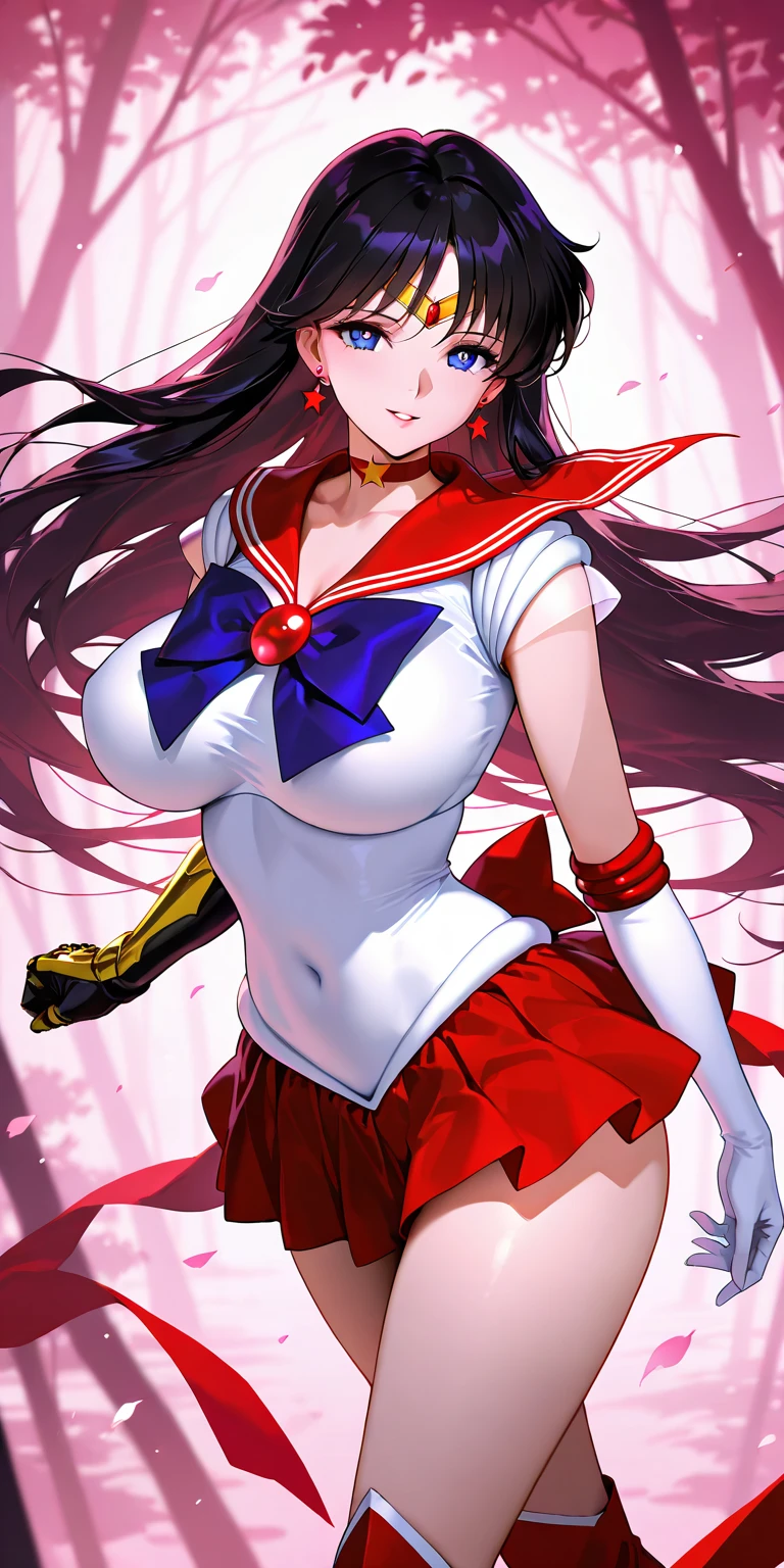 hino_rei, huge_breasts, standing, solo, White_leotard_Red_sailor_collar_Red_miniskirt_White_gloves_Red_high_heels_Star_choker_Purple_bowtie_Red_back_bow_Circlet_Heart_brooch_See-through_sleeves, <lora:HinoReiV8:0.7>, starry_sky,, masterpiece, best quality, detailed face, detailed eyes, highres,, kkw-ph1, <lora:epi_noiseoffset2:1> <lora:LORA-XenoDetailer-v2:1>