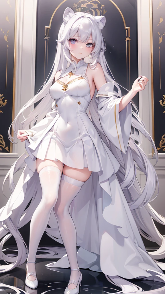 Master anime works，An impeccable masterpiece，8K picture quality: A mature noblewoman in cool sexy clothes standing on pure white background，Female boss，Flowing silver hair，Full-body standing，Slender legs，Straight breasts，Detailed facial details，Naturally beautiful standing，Vivid and authentic body details