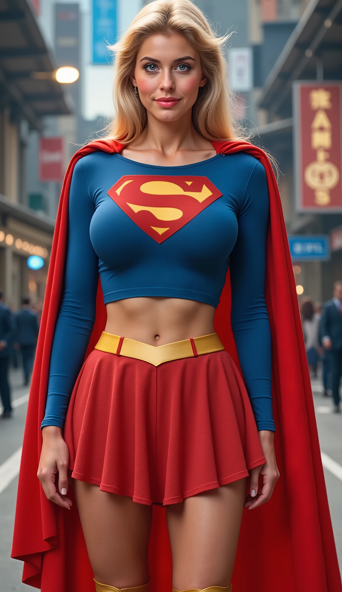 (DREAMY BLUE EYES) HELEN SLATER A SEXY MATURE CUTE HELEN SLATER WITH BLUE EYES AND LONG BLONDE HAIR WEARING A LONG SLEEVE BLUE CROP TOP WITH A "S" EMBLEM AND GOLD TRIM ON THE NECKLINE AND SLEEVES, A SHORT RED MICRO SKIRT WITH A GOLD SUPER BELT, A PAIR OF TALL RED BOOTS WITH GOLD TRIM, AND A LONG RED CAPE. Smile, High Resolution, Detail, High Details, Super Detailed, Textured Skin, Retina, High Quality