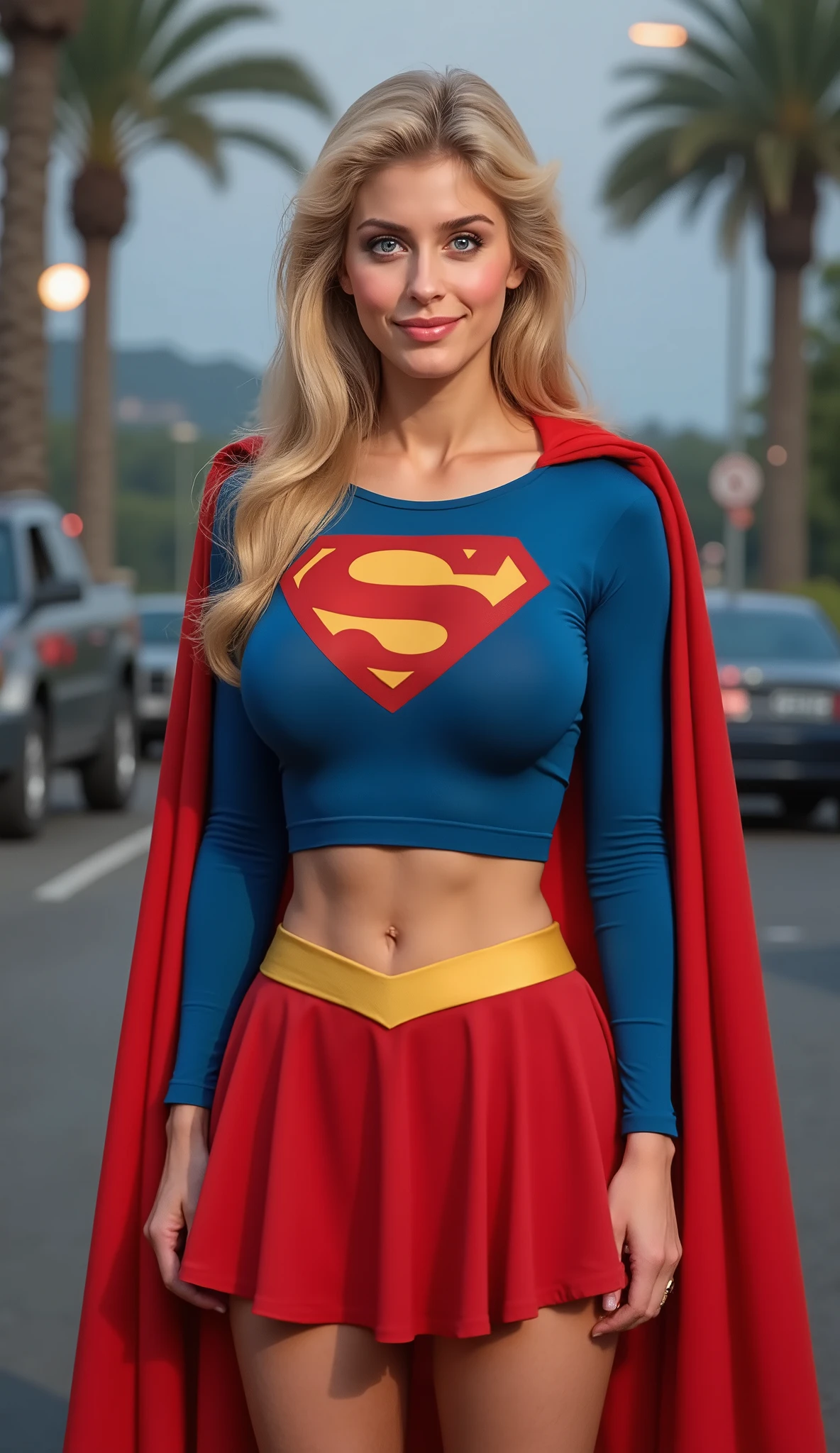 (DREAMY BLUE EYES) HELEN SLATER A SEXY MATURE CUTE HELEN SLATER WITH BLUE EYES AND LONG BLONDE HAIR WEARING A LONG SLEEVE BLUE CROP TOP WITH A "S" EMBLEM AND GOLD TRIM ON THE NECKLINE AND SLEEVES, A SHORT RED MICRO SKIRT WITH A GOLD SUPER BELT, A PAIR OF TALL RED BOOTS WITH GOLD TRIM, AND A LONG RED CAPE. Smile, High Resolution, Detail, High Details, Super Detailed, Textured Skin, Retina, High Quality