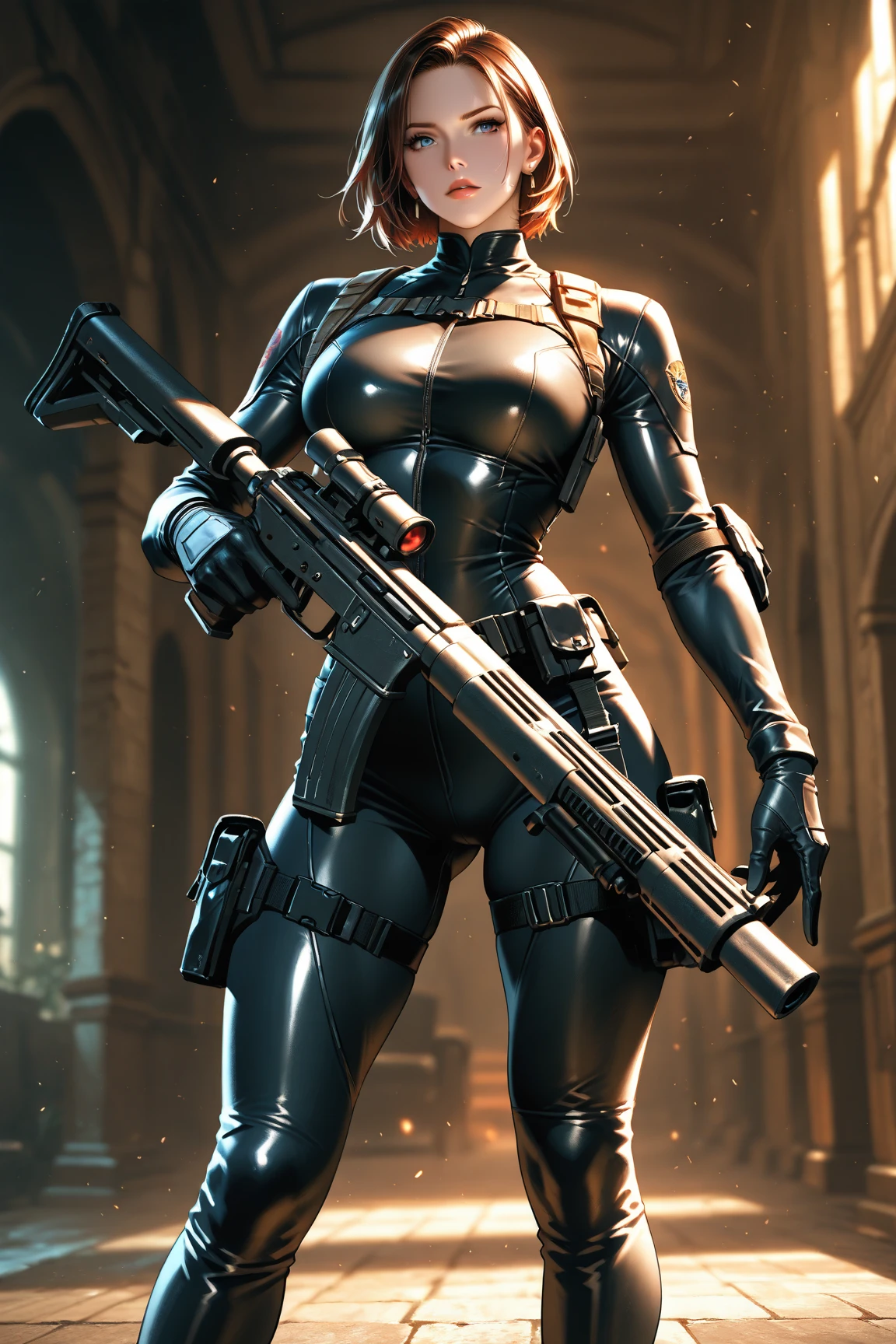 Elaizaikedareal, 1girl, solo, short hair, skirt, blonde hair, red eyes, gloves, ponytail, weapon, pantyhose, hairband, boots, holding weapon, gun, black pantyhose, rifle, one knee, sniper rifle, scope, shell casing