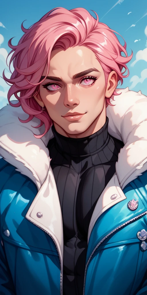 pastel pink hair, fluffy hair, spikey hair, dark skin, freckles, blue eyes, male, man, tattoos, pink clothes