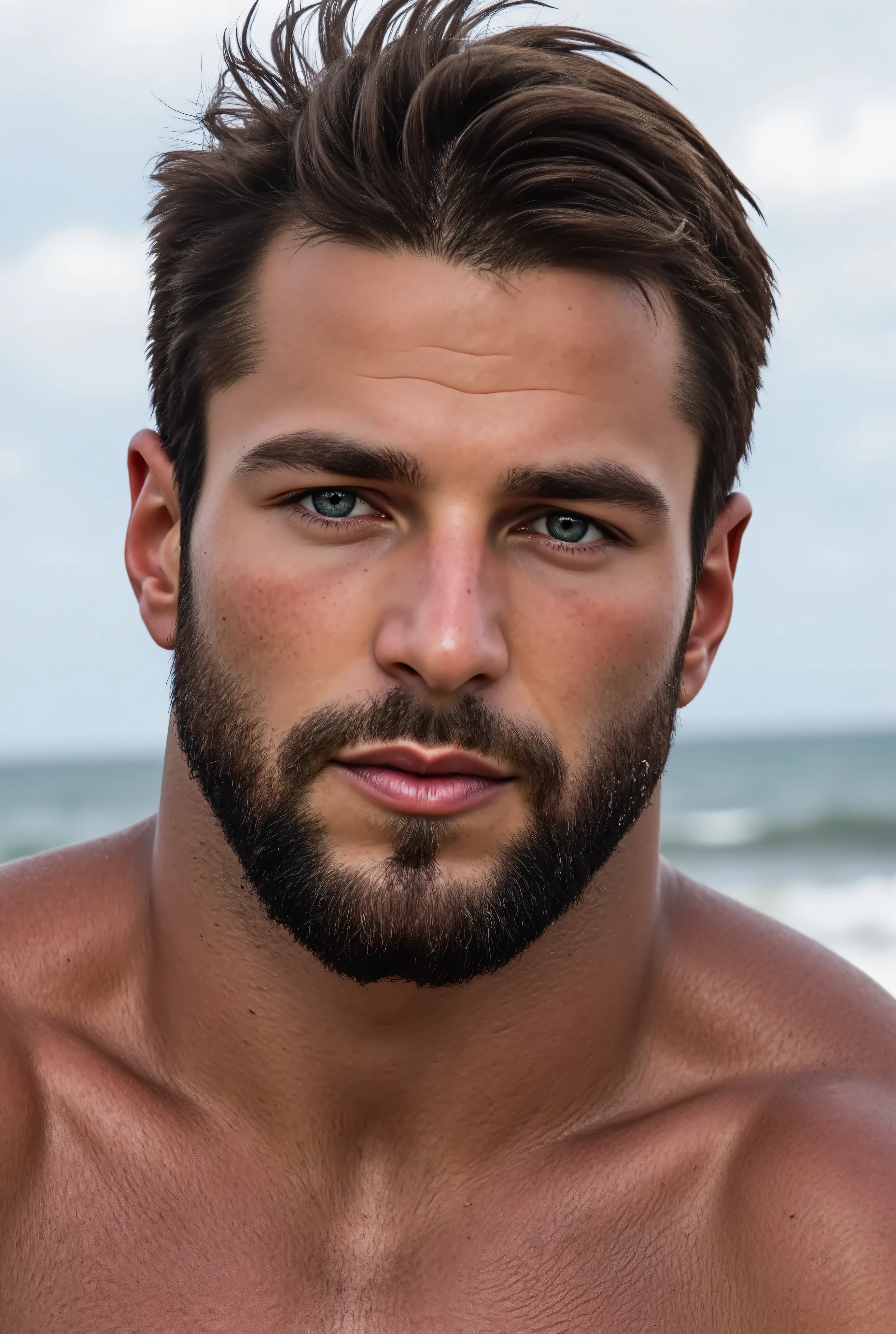 A very realistic portrait of a hairy-handsome man, ((( identically face shaped original ))), with a 33-year-old man, very masculine face with well-defined and similar characteristics, real details. Dark hair is messy hair . A-trimmed beard, hair-body, maxilar jaw and chin, with wide and straight edges near the cheekbones that enhance the structured facial contours. The pale white skin face is virile and handsome so natural shadows that give harmony to the face. A straight and proportional Greek and Roman style nose with a well-balanced width. Thick, long and straight eyebrows realistically perfect alpha male masculine, (hairy-belly:1.6), white-color, the face conveys a lot of desire and the sensual and seductive expression and was richly produced. Light eyes in green and expressive with light tightening suggesting a smile in the eyes with wrinkles and lines of happy expression in the external corners combining with the smile style of pulled mouth. Cute male eyes. The lower eyelids are subtly elongated with trimming and descending curvilinear shape. Well-defined realistic lips with masculine thickness, the upper lip forms a cupid arch in heart with 2 defined tips and the lower lip hydrated without shined skin.. Textured white skin without glow, realistic whitter skin pores in a realistic and uniform way, without glow skin, emphasizing fine details such as pores, smooth lines.. The chest-hair , torso is hairy, showing an unathletic body but slightly myscle but strong and with very realistic hair with big muscles and perfect texture, wearing shorts and made of fine cotton in a sweatshirt. The handsome man is casually standing in a shower on the beach, with anatomically perfect and anatomically correct feet, Best quality, High details, Quality, Super details , (very realistic photo photo:1.3), NIKON, natural light, 8k, the definition is very high, XF IQ4, 150MP, 50mm