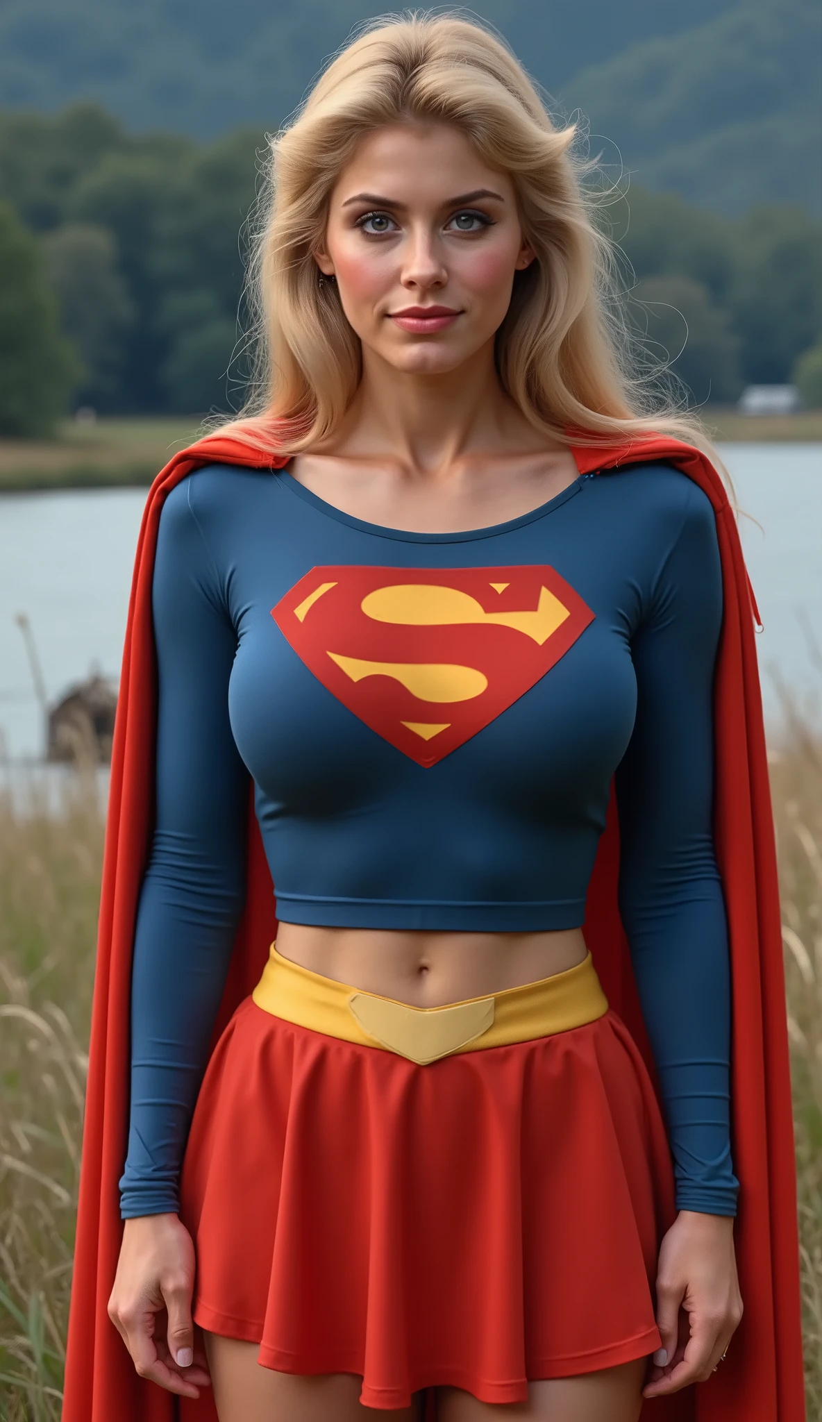 (DREAMY BLUE EYES) HELEN SLATER A SEXY MATURE CUTE HELEN SLATER WITH BLUE EYES AND LONG BLONDE HAIR WEARING A LONG SLEEVE BLUE CROP TOP WITH A "S" EMBLEM AND GOLD TRIM ON THE NECKLINE AND SLEEVES, A SHORT RED MICRO SKIRT WITH A GOLD SUPER BELT, A PAIR OF TALL RED BOOTS WITH GOLD TRIM, AND A LONG RED CAPE. Smile, High Resolution, Detail, High Details, Super Detailed, Textured Skin, Retina, High Quality