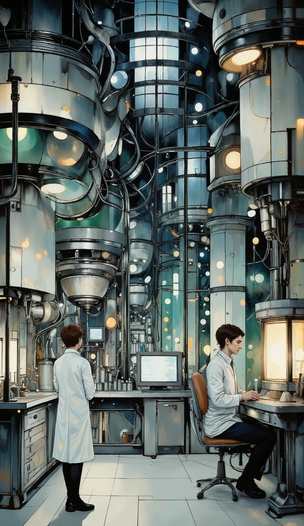 a highly advanced secret laboratory, large industrial complex, futuristic architecture, cutting-edge technology, complex machinery, glowing computer screens, intricate control panels, rows of test tubes and beakers, scientists in white coats working diligently, advanced scientific experiments, mysterious atmosphere, dramatic lighting, cinematic camera angles, moody blue and green color tones, photorealistic, 8k, highly detailed, masterpiece