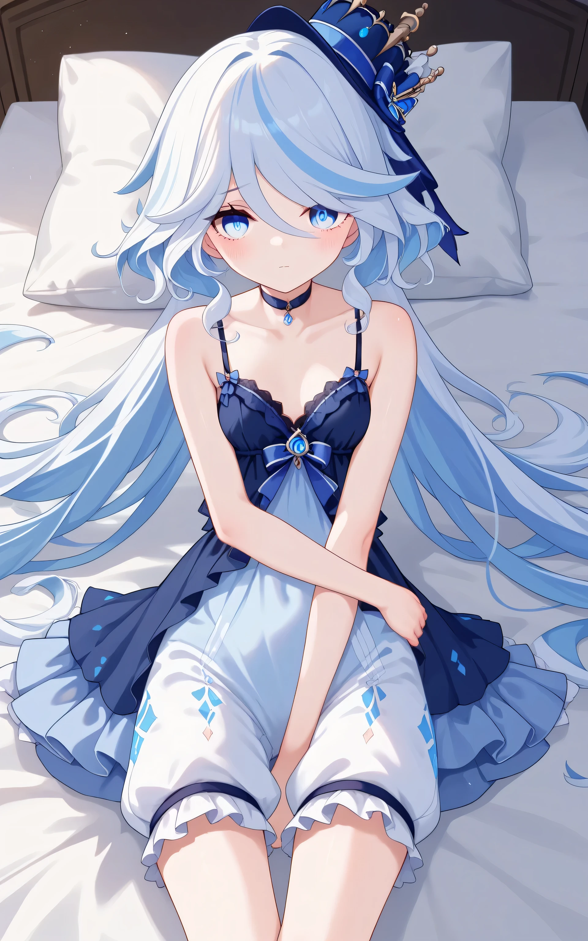 upper body,Furina, anime style, Random Sexy pose , ((Ultra detailing)), (very aesthetic, best quality, ultra detailed), intricate details,
1girl, Long hair, blue eyes, sharp jawline, , shy, Blush ,(wearing Wearing Blue negligee, choker, bloomer), bed room, lay down on bed, pillow