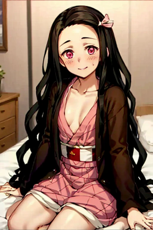 masterpiece, (pink kimono), seductive face, good lighting, cleavage, fine detail, masterpiece, glowing eyes, 1girl, black hair, sucking, nezuko kamado, wisteria background, masterpiece, best quality, pov,,