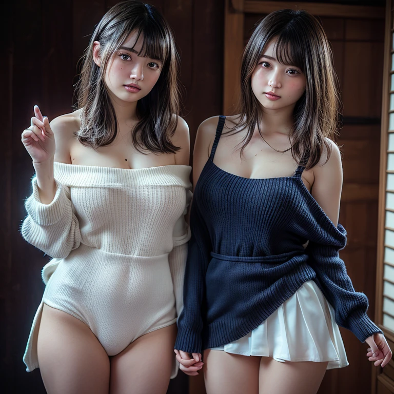 Highest quality, masterpiece, Ultra-high resolution, (Realistic:1.4), RAW Photos, (Real skin texture:1.3), (Film Grain:1.3), Panorama, Portraiture, Very wide shot, Tight waist, Cowboy Shot, (in the dark, Deep Shadow, secret key, Cold Light,) night, close, Tears flow, indoor, Dust, Tyndall effect, sad, It was too bad, dark (performance), Sitting, (Against the wall), Are crying, Frowning, (head lowered), Nervous, tear up, , 1 Junior Idol, The body is slim、Beautifully detailed eyes and face, double eyelid、Tear bags、Watery eye、(Lifting something large from a torn white jabot、、 かわいいピンクのNipples)、Off the shoulder, Brown eyes, Nipples, Small breasts, (White loincloth), Young