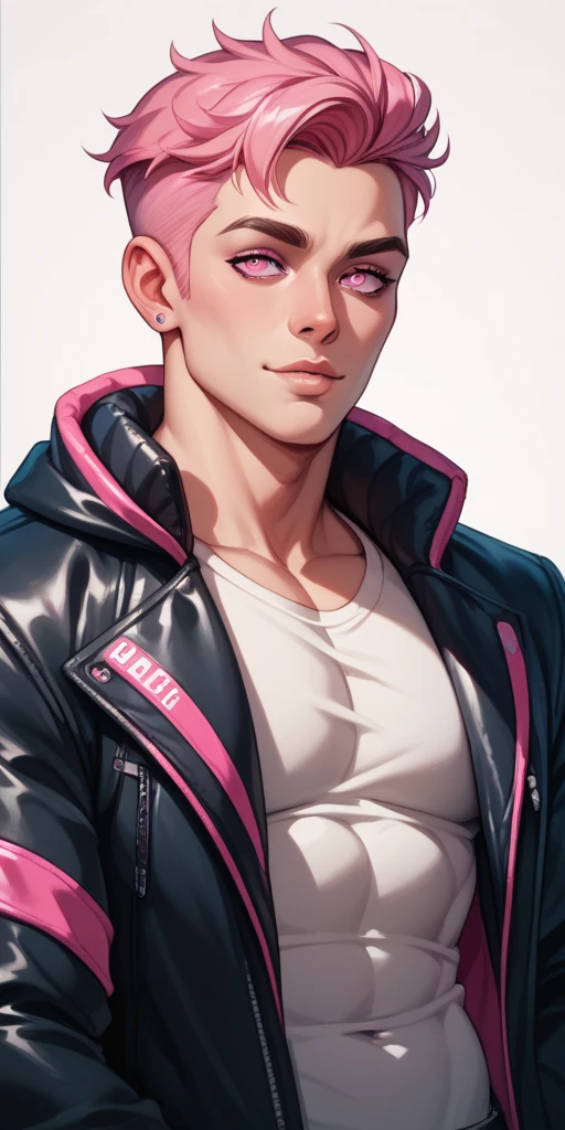 A young man with pink eyes short wavy black hair with hot pink tips and wears a tank top and a scarf