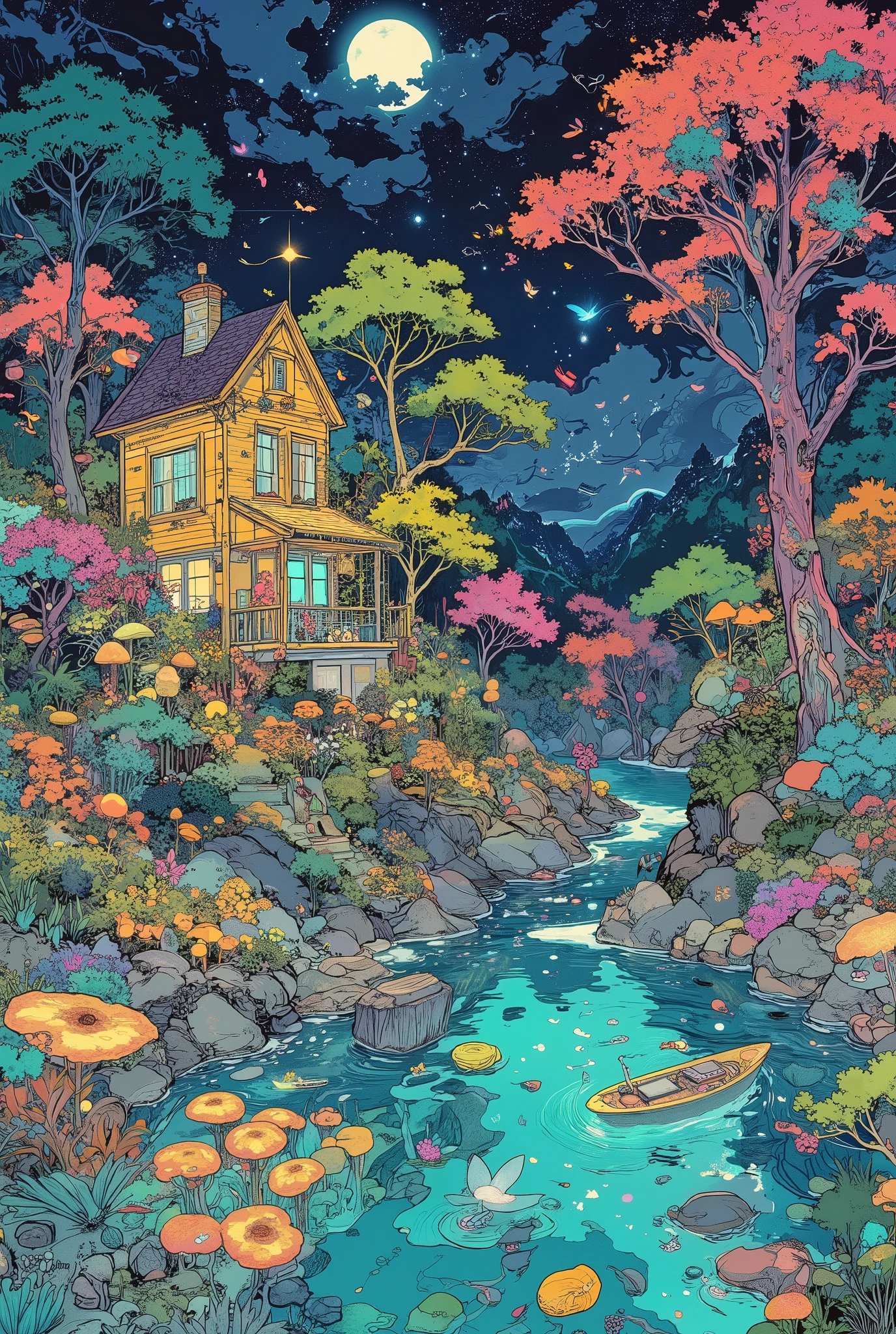 A fantastic crimson sunset in a fabulous forest. Turquoise Lake Ukiyo-e in the jungle - anime. There is a small lemon-colored fairy-tale house with blue windows on the shore. A glowing silver boat floats on the lake. Three rainbow eucalyptus trees, two wisteria trees and a silver acacia tree. Lots of colorful plants, insects and fungi. Neon butterflies, flying glowing bugs, colorful lanterns on trees. completely asymmetrical, lively work. Stunning Ukiyo-e art, animated Ukiyo-e jungle, animated footage, perfect intro, contrast between the surface and shadows sparkling in the moonlight, 2000 film studio, bird's-eye view. The use of powerful psychedelic filters, very intense work, painted on a dark blue background