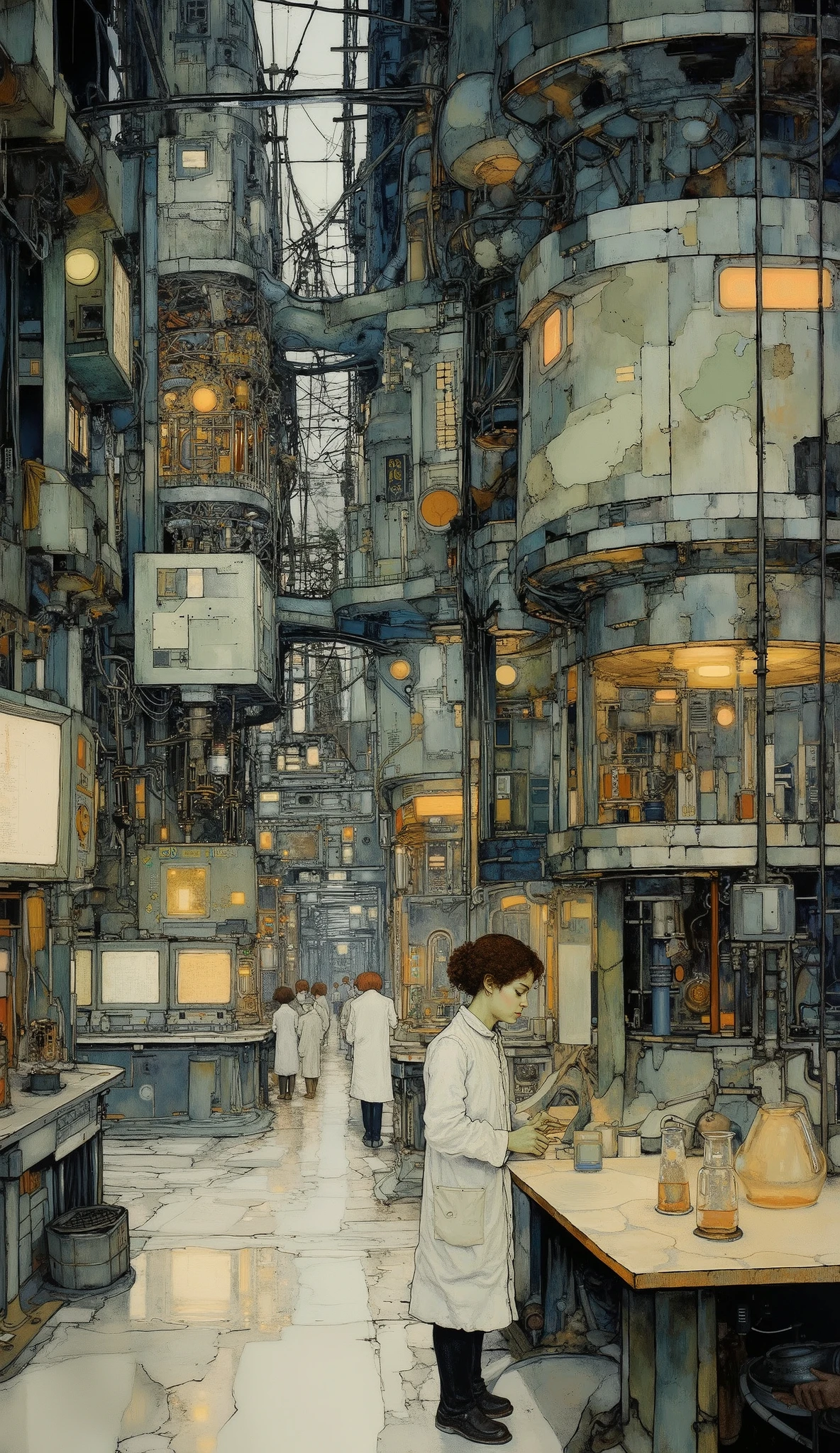 a highly advanced secret laboratory, large industrial complex, futuristic architecture, cutting-edge technology, complex machinery, glowing computer screens, intricate control panels, rows of test tubes and beakers, scientists in white coats working diligently, advanced scientific experiments, mysterious atmosphere, dramatic lighting, cinematic camera angles, moody blue and green color tones, highly detailed, photorealistic, chiaroscuro, cinematic lighting, Fujicolor, 8k, masterpiece, UHD, retina, masterpiece, accurate, anatomically correct, textured skin, super detail, high details, high quality, award winning, best quality, highres, 1080P, HD, 16k