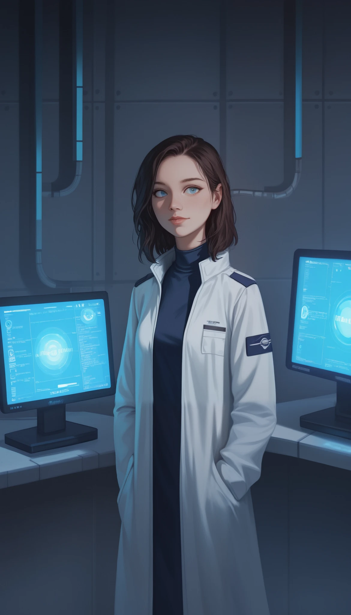 a highly advanced secret laboratory, large industrial complex, futuristic architecture, cutting-edge technology, complex machinery, glowing computer screens, intricate control panels, rows of test tubes and beakers, scientists in white coats working diligently, advanced scientific experiments, mysterious atmosphere, dramatic lighting, cinematic camera angles, moody blue and green color tones, highly detailed, photorealistic, chiaroscuro, cinematic lighting, Fujicolor, 8k, masterpiece, UHD, retina, masterpiece, accurate, anatomically correct, textured skin, super detail, high details, high quality, award winning, best quality, highres, 1080P, HD, 16k