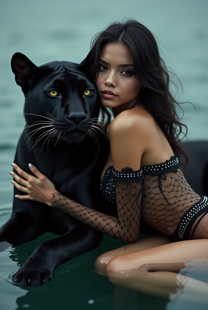 Girl in bikini playing with a black cat