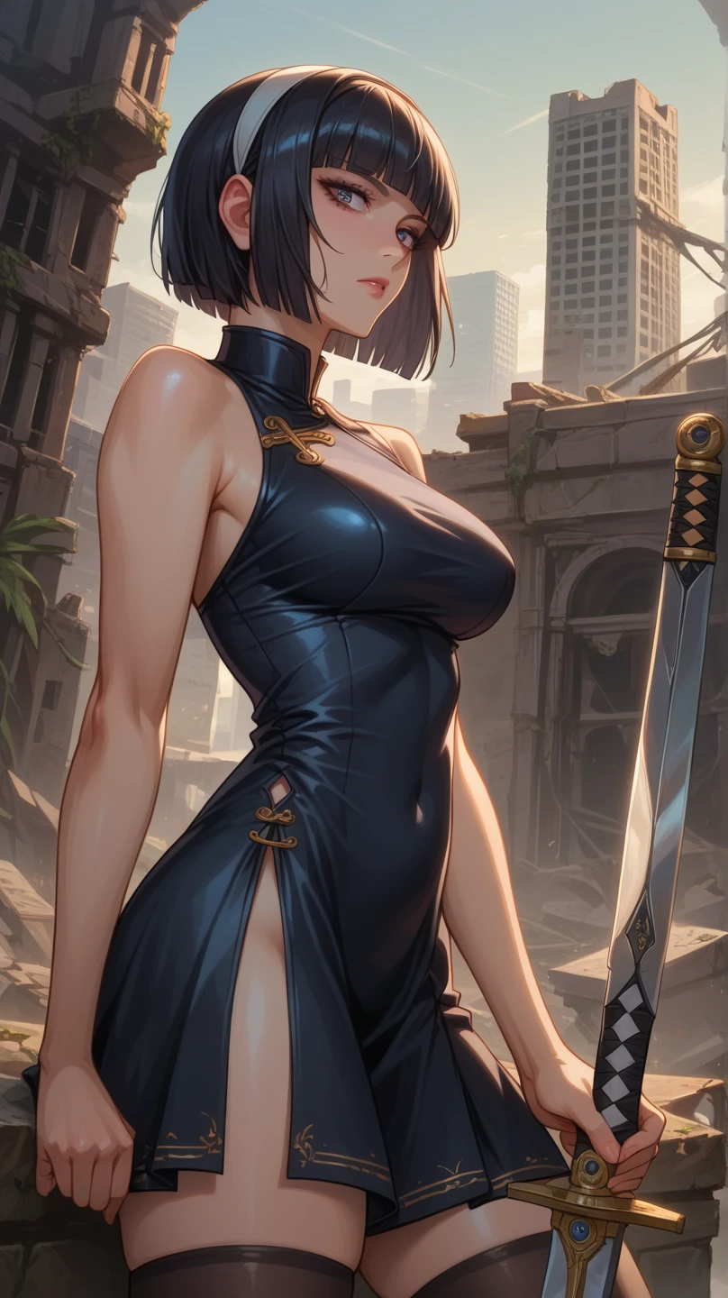 (uhd, retina, masterpiece, accurate, anatomically correct, textured skin, super detail, high details, high quality, best quality, high res, 1080P, HD, 4K, 8K, 16K), (beautiful detailed eyes, beautiful detailed lips, extremely detailed eyes and face), studio lighting, physically-based rendering, vivid colors, (large breasts, waist, thighs, glamorous body), (backless dress, mini dress), (portrait, bob cut, shiny hair, shiny skin, blush), (bokeh), eye reflection,Holding a Great Sword,Leaning and slashing,Great Sword