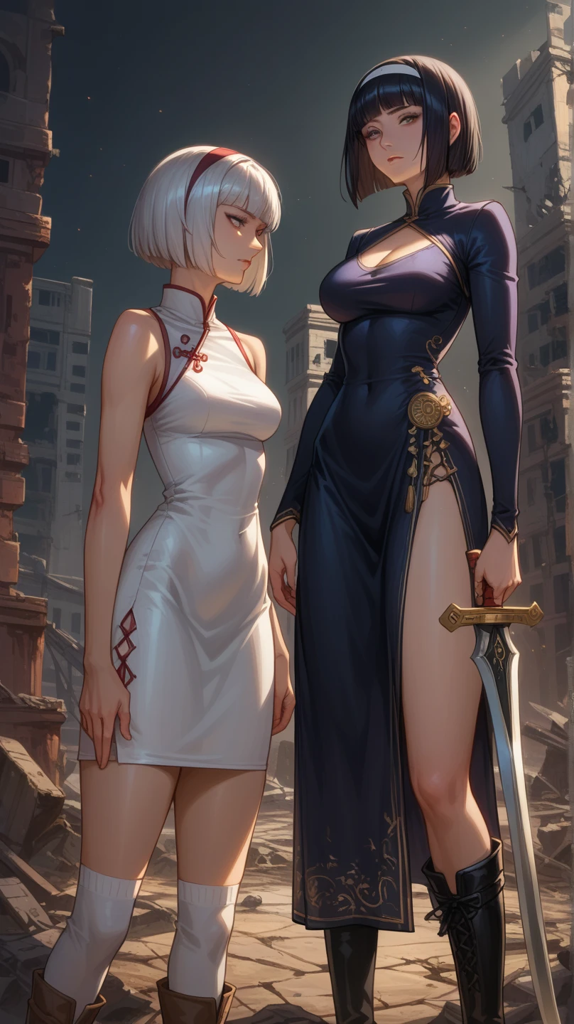 Blonde short bob anime woman in red and white dress standing in front of wall, alphonse mucha and rossdraws, oriental art nouveau, ross tran style, European Art Styles, artgerm and atey ghailan, in the style of ross tran, inspired by Ross Tran, nobara， European Women, Exquisite digital illustration, :: rossdraws, beautiful digital illustrations, Fantastical　Mucha style　Post-art