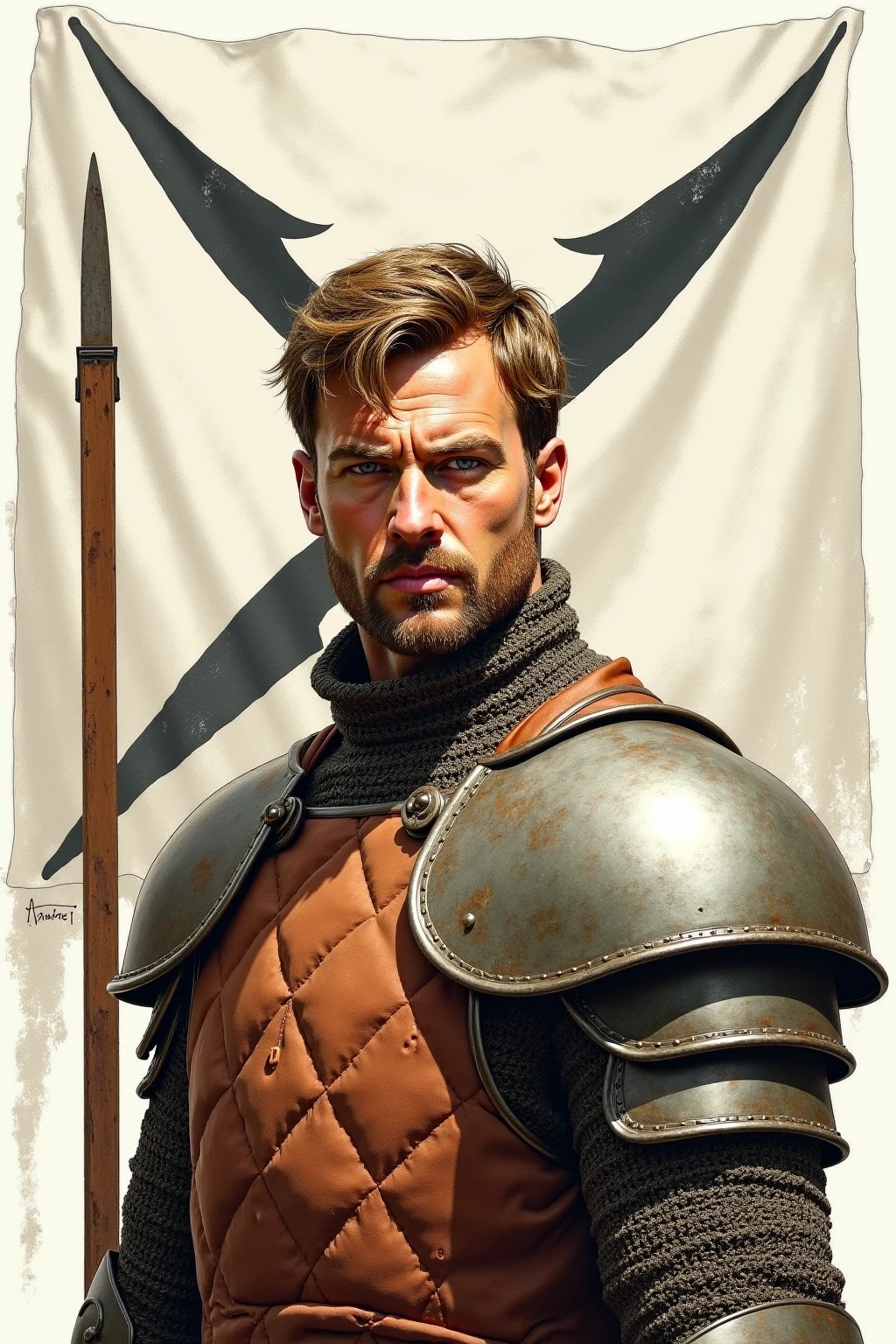 A realistic medieval fantasy portrait of a knight of 30 years. He has only one eye. He squints with his remaining eye. 
He wore a quilted doublet of brown and white wool and some armor. 
On the background a large white banner. On the banner a black inverted chevron and in the middle of the banner a brown dagger. 
The colors are natural and muted, with earthy tones and subtle highlights reflecting the sunlight. The thick ink lines and detailed shading evoke the classic style of medieval comic adaptations.
