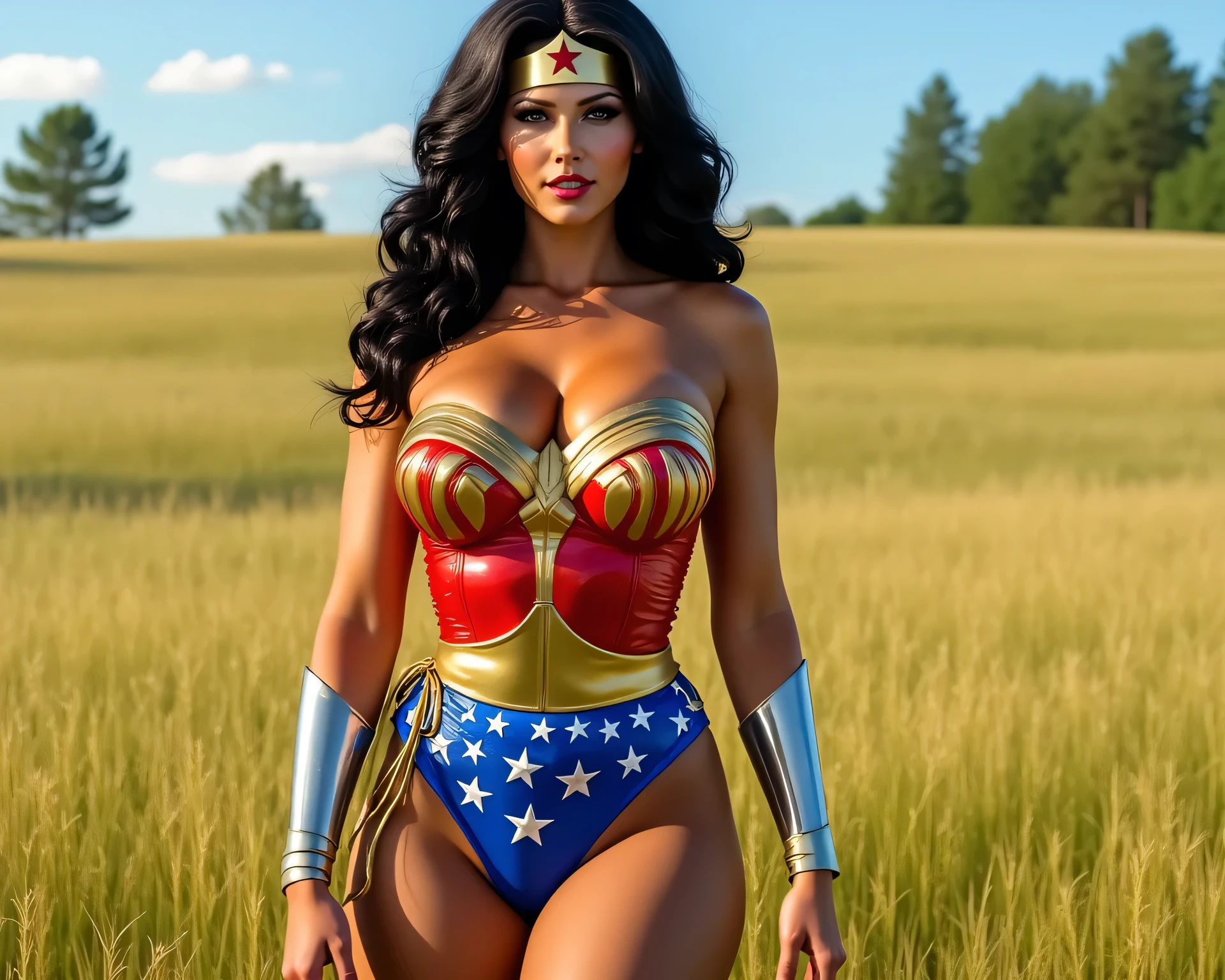 Masterpiece hyper realistic image, Large 48gg enhanced silicon breasts. Breasts are oushed up by a push up bra. Create an image of franceska james the pornstar dressed in a glossy spandex wonder woman costume. Costume looks like it is glued onto her body. With thigh high stilletto boots with laces, 24inch waist 28 inch hips, show full figure head to toe in hyper level if detail. Her under wear is bikini cut dark royal blue in colour with bright white stars on the front and back, in a grassy meadow with the sun behind her. Face has a hyper level of realistic detail. Vibrant red corset with a bright yellow/ gold wonder woman logo across her chest designed like armour. Jet black hair. Give her a hot face and a sexy pose. She has less rhan 10% body fat.